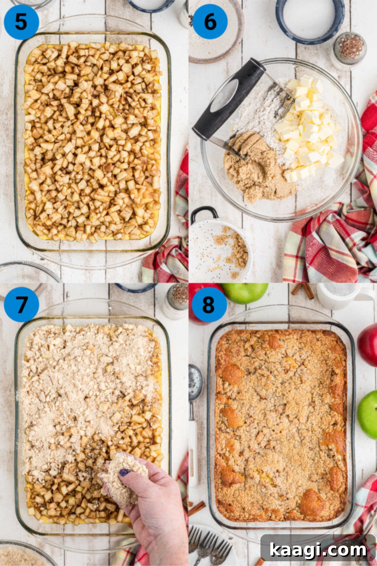 A four-image collage illustrating the subsequent steps for making apple pie cake: layering apples, preparing the streusel, sprinkling streusel, and the baked cake cooling.