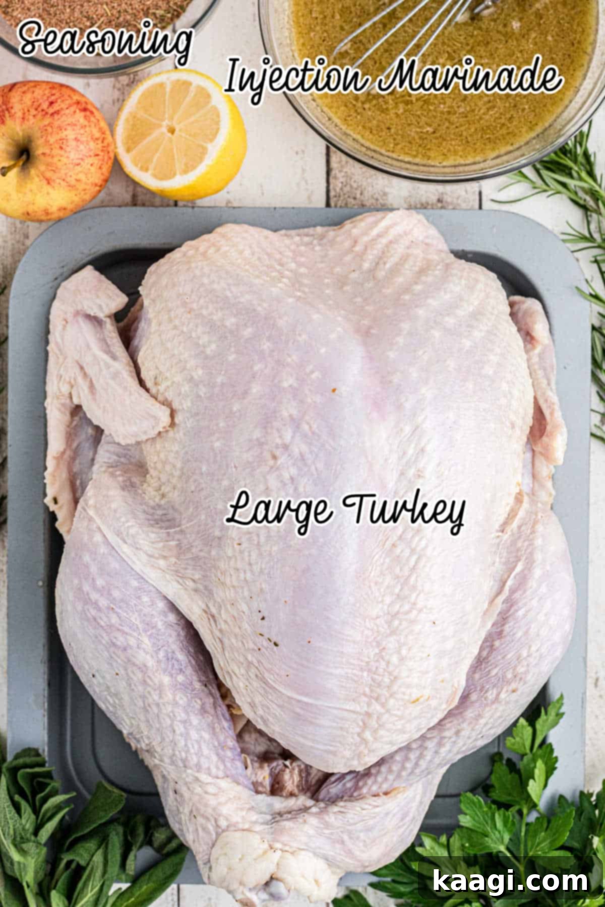 Crisp and Juicy Turkey Triumph 3 Ingredients needed to deep fry turkey, including a whole turkey, oil, and seasonings.