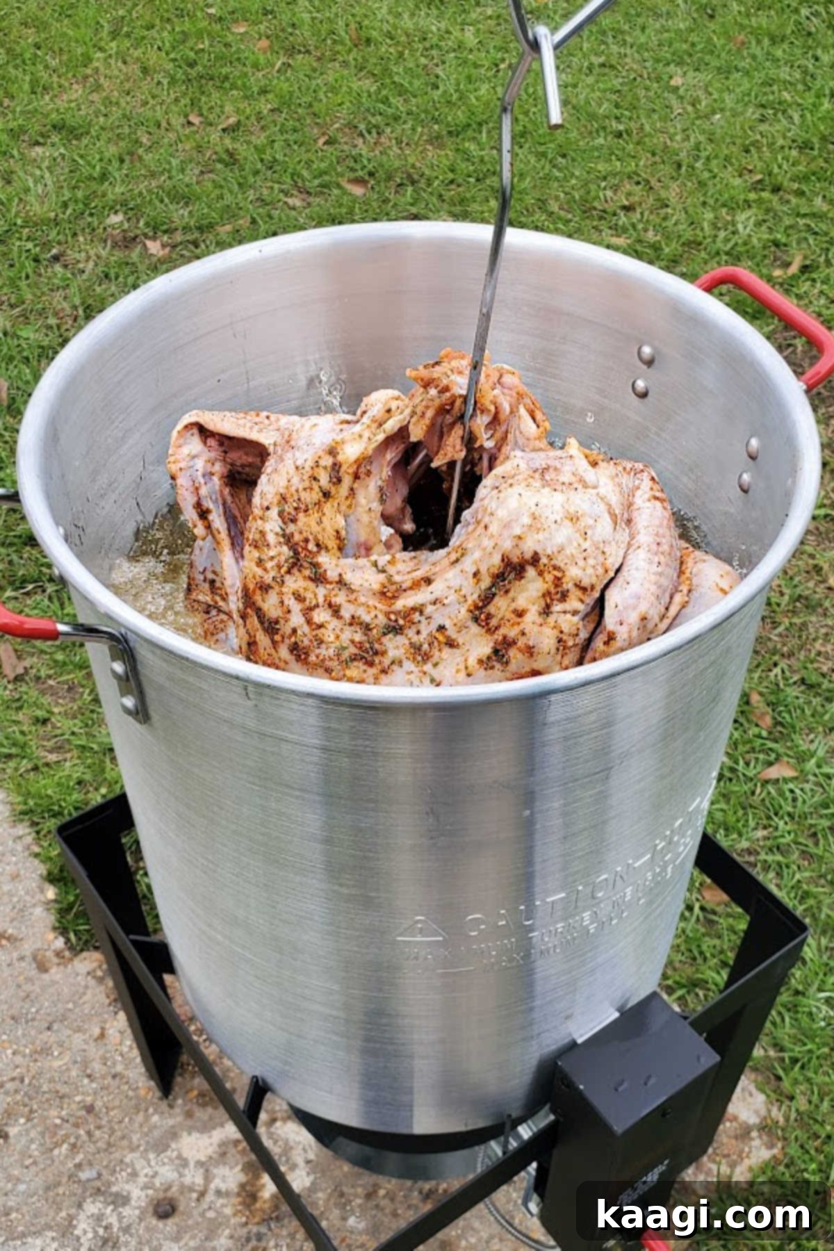 Crisp and Juicy Turkey Triumph 7 A turkey being slowly and carefully lowered into a pot of hot deep frying oil.