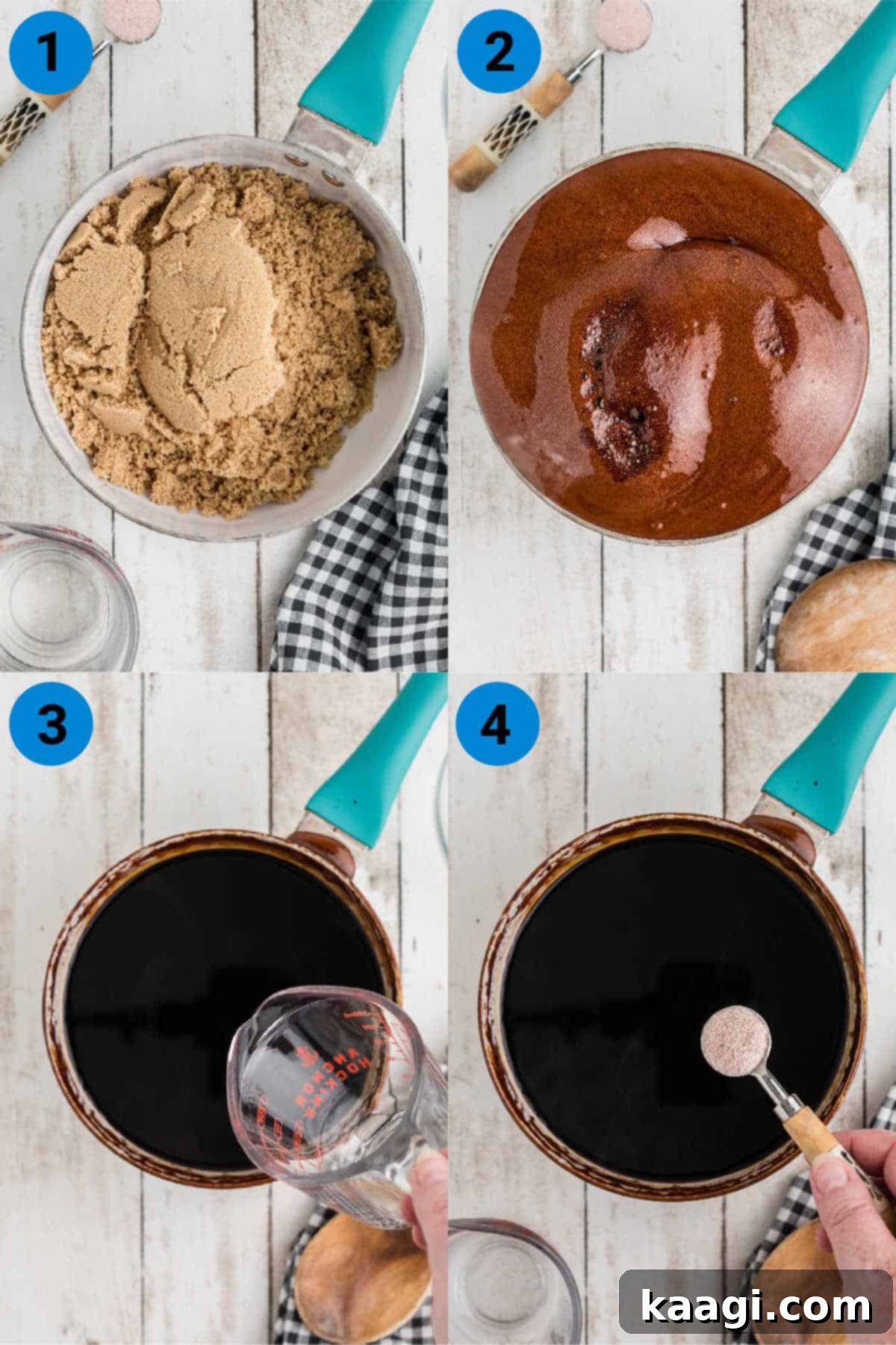 A collage of four images showing the process of making homemade browning sauce: sugar melting, darkening, water being added, and the final sauce in a jar.