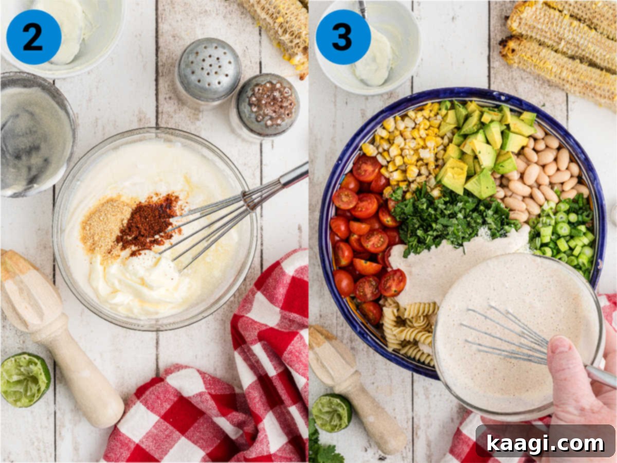 Visual steps for preparing Elotes pasta salad, from grilling corn to mixing ingredients.