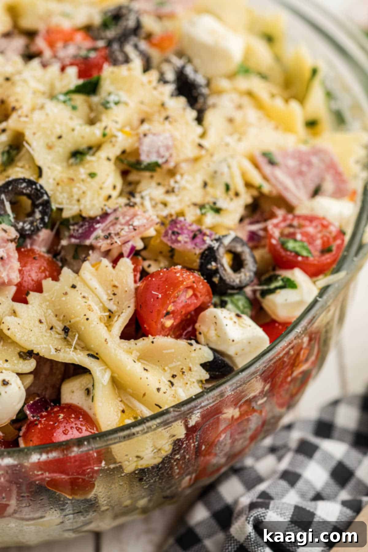 Italian Pasta Perfection 8 Very closeup side shot of a bowl of Italian Pasta Salad.