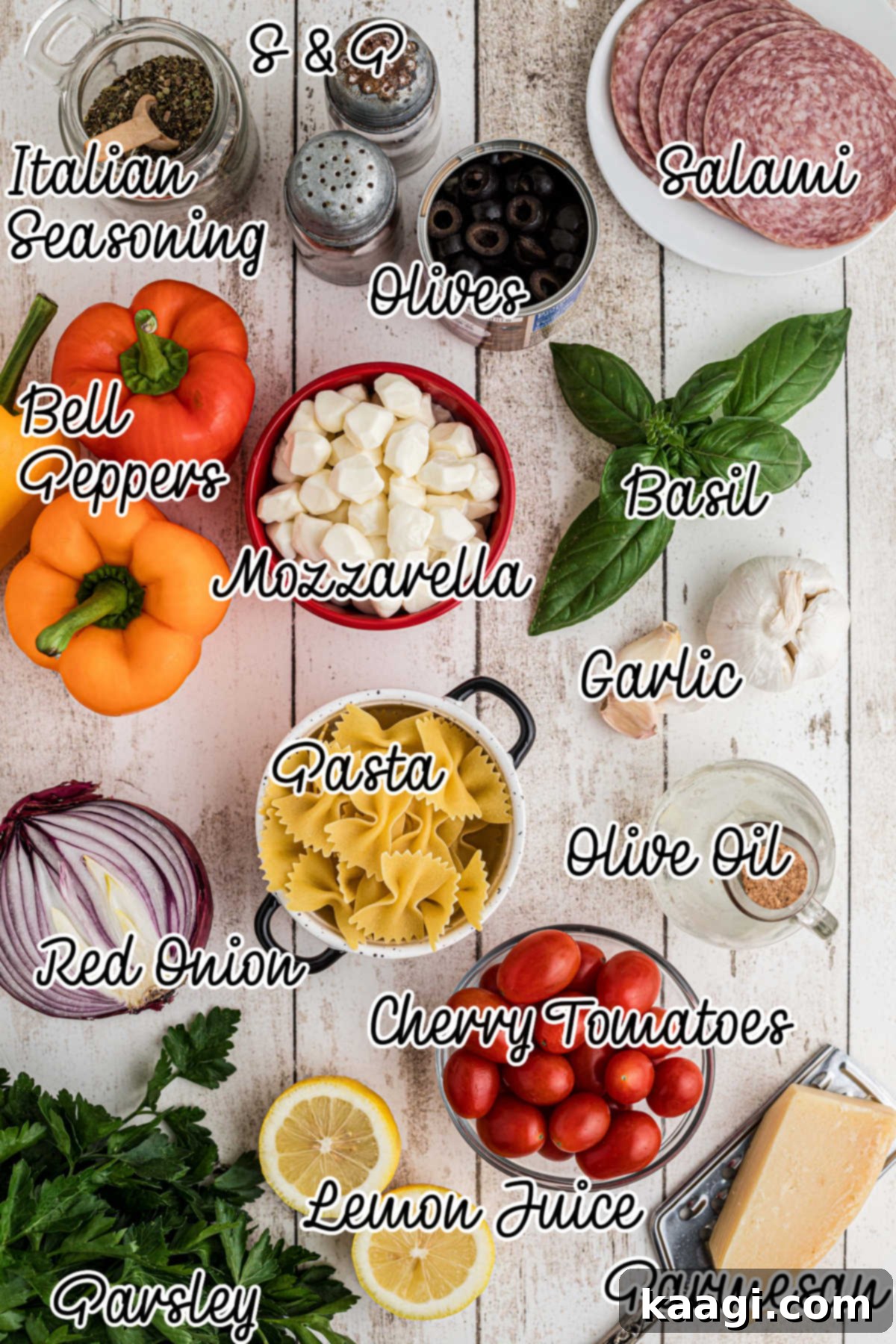 Italian Pasta Perfection 3 An overhead image of ingredients needed to make an Italian pasta salad, with text overlay.