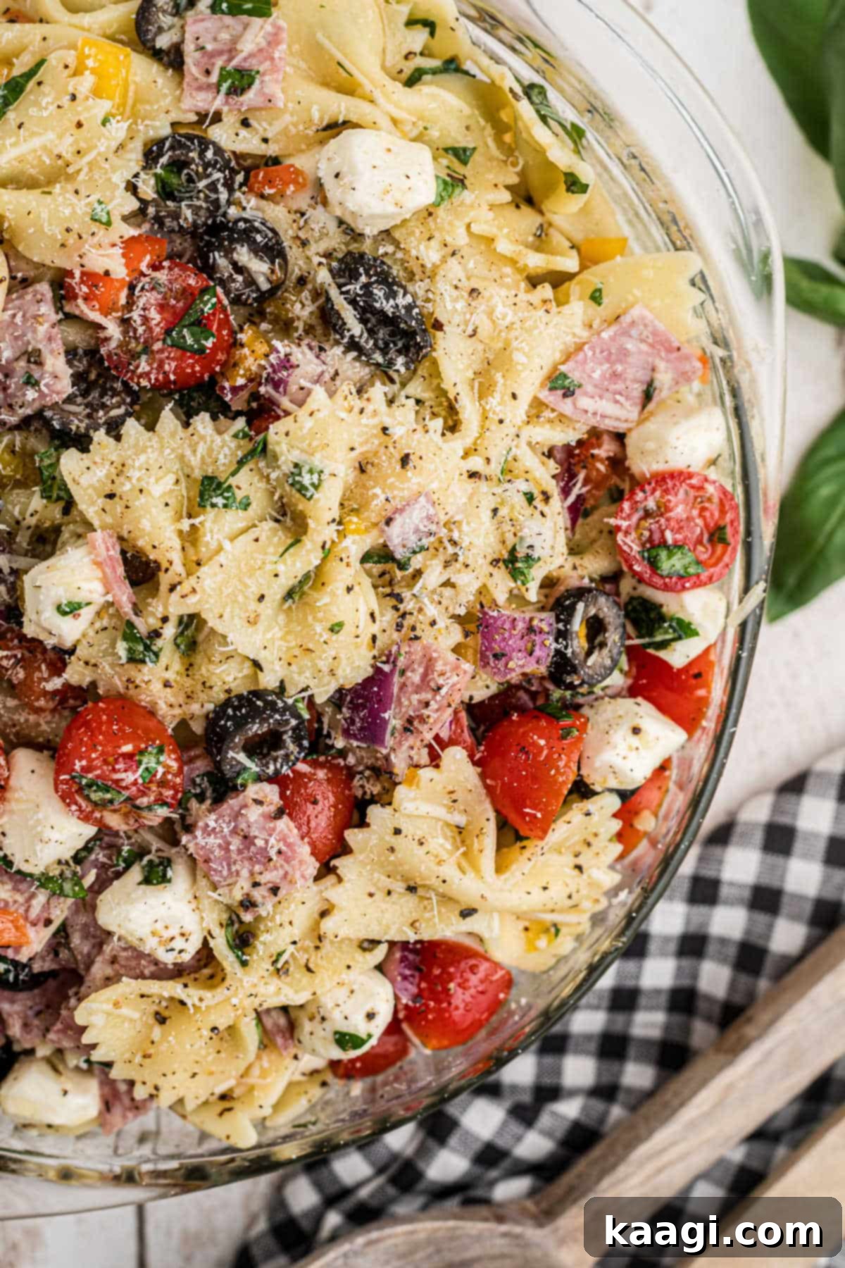 Italian Pasta Perfection 6 A close up of the side of a bowl of Italian Pasta Salad, with a sprig of basil in the background.