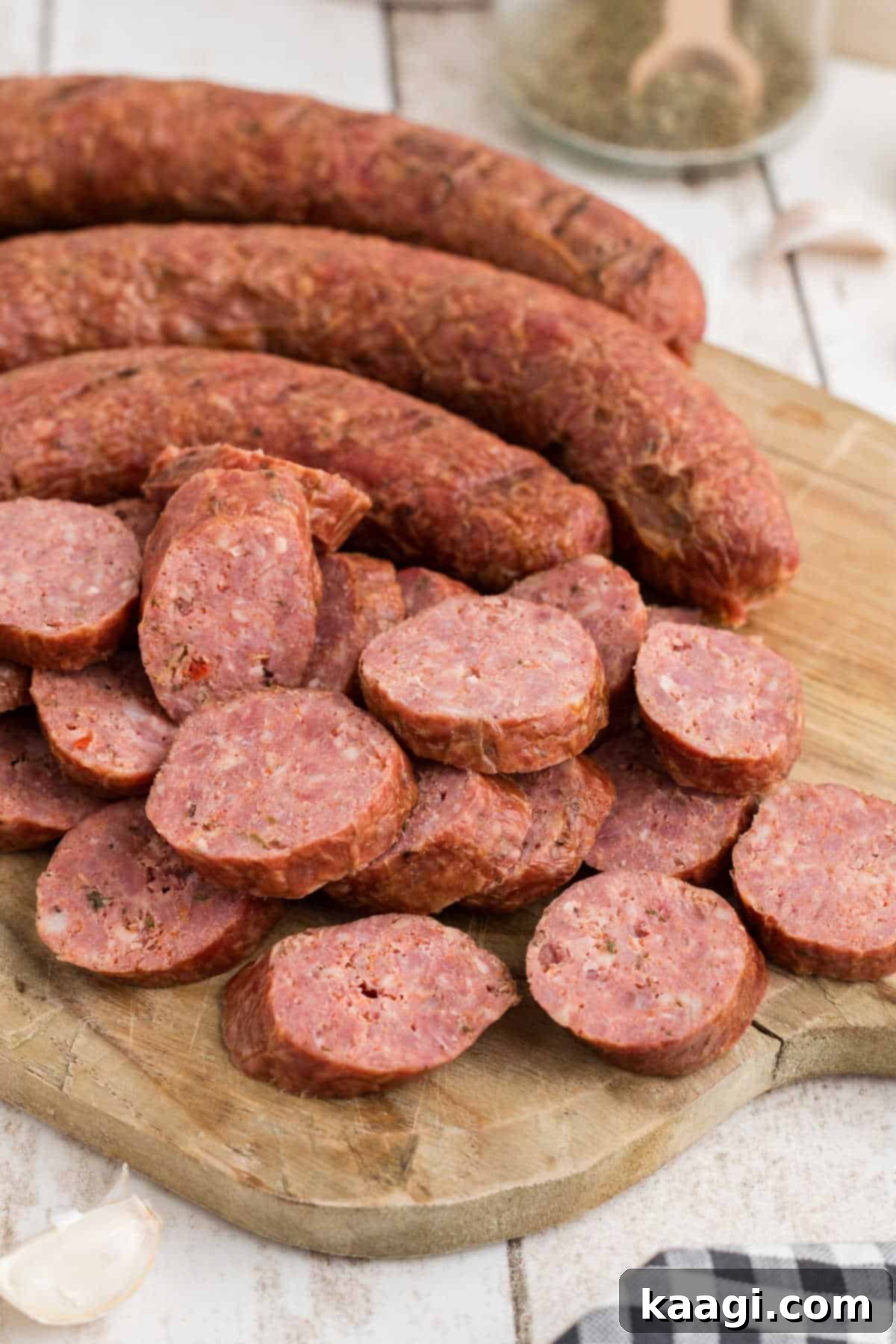 A chopping board with some andouille sausage sliced into coins.