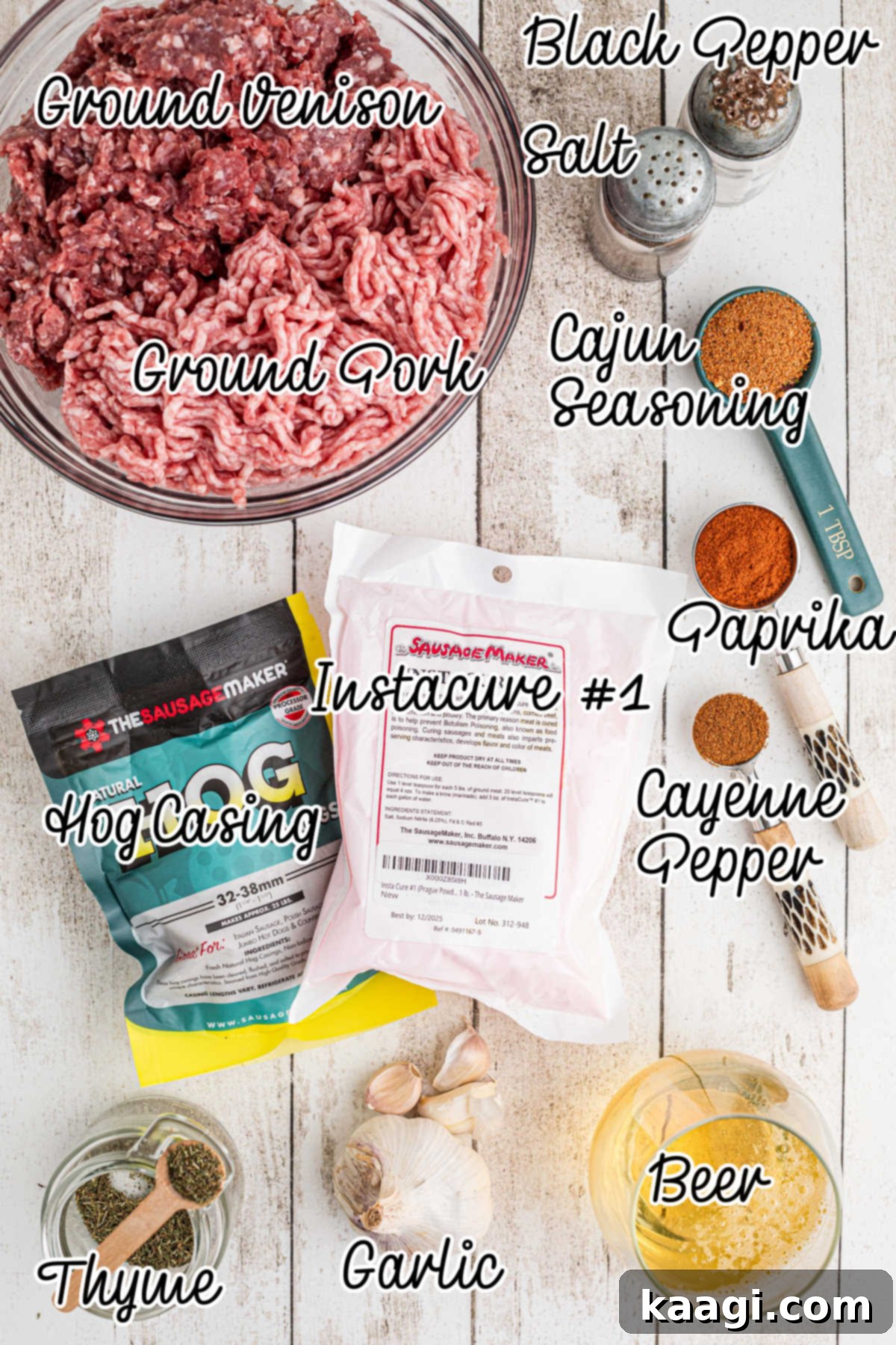 Ingredients needed to make homemade andouille sausage, with text overlay.