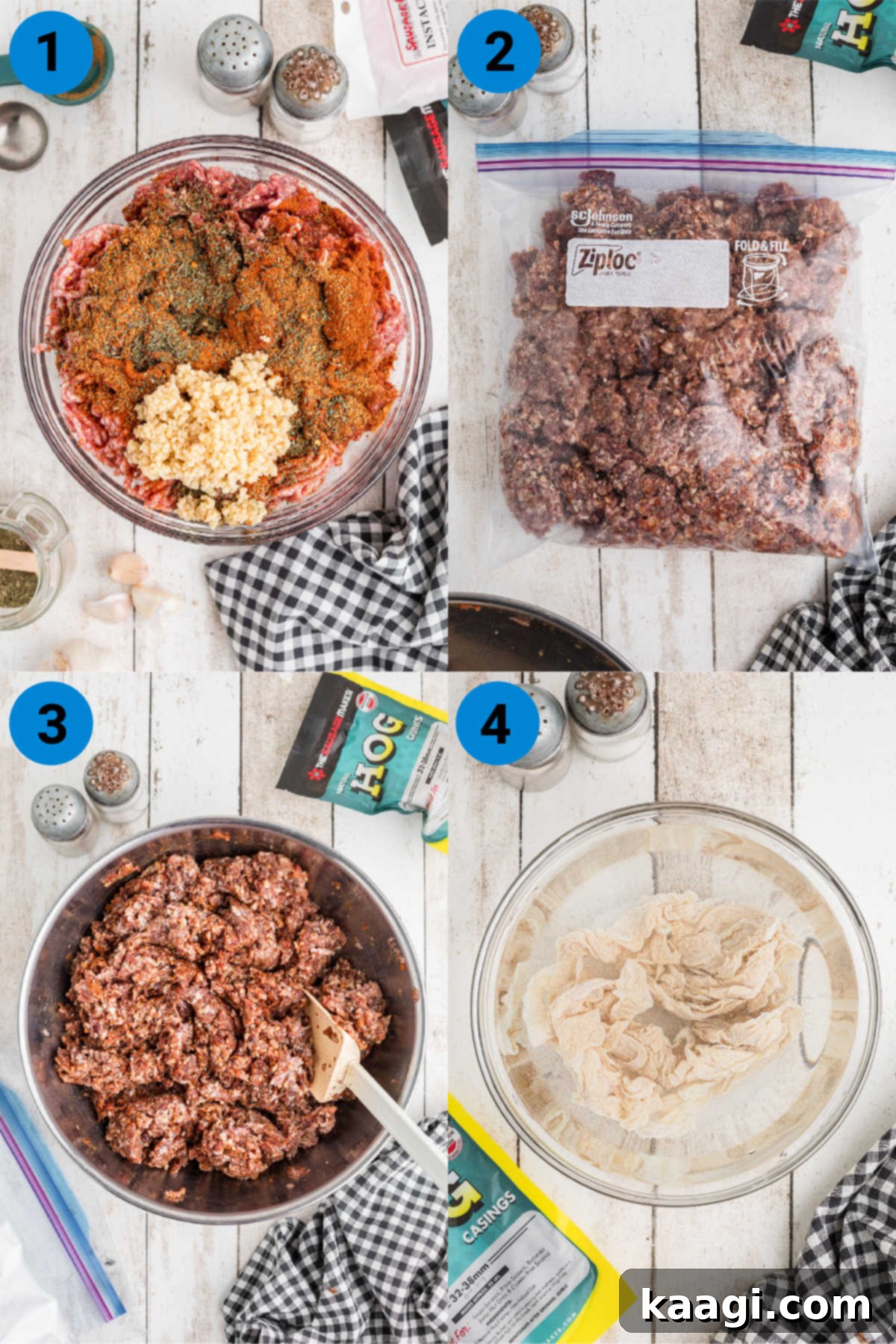 A collage of four images showing how to make andouille sausage, steps 1 through 4.