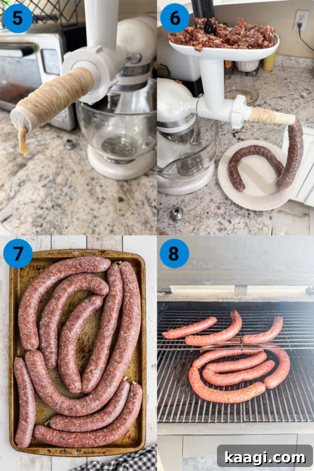 A collage of four images showing how to make andouille sausage, recipe steps 5 through 8.