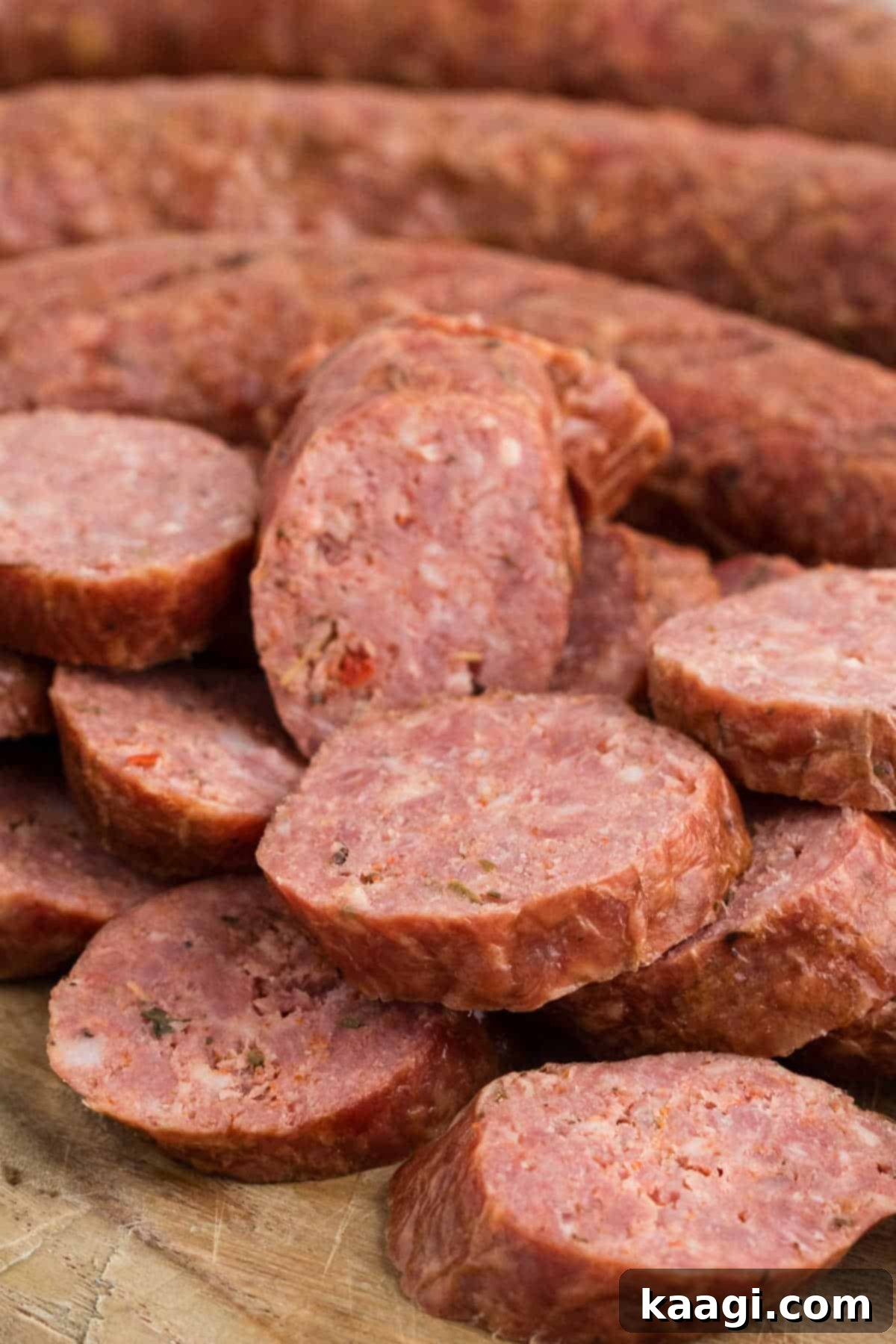 A very close up image of some sliced andouille sausage.