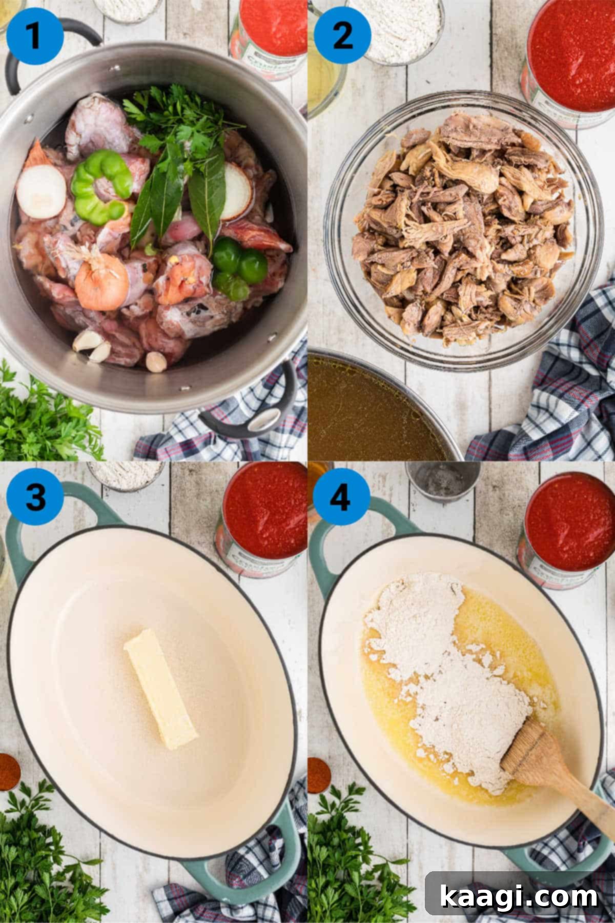 A four-image collage demonstrating the initial steps of making Louisiana Turtle Soup: boiling turtle meat with aromatics, straining the broth, and starting the roux.