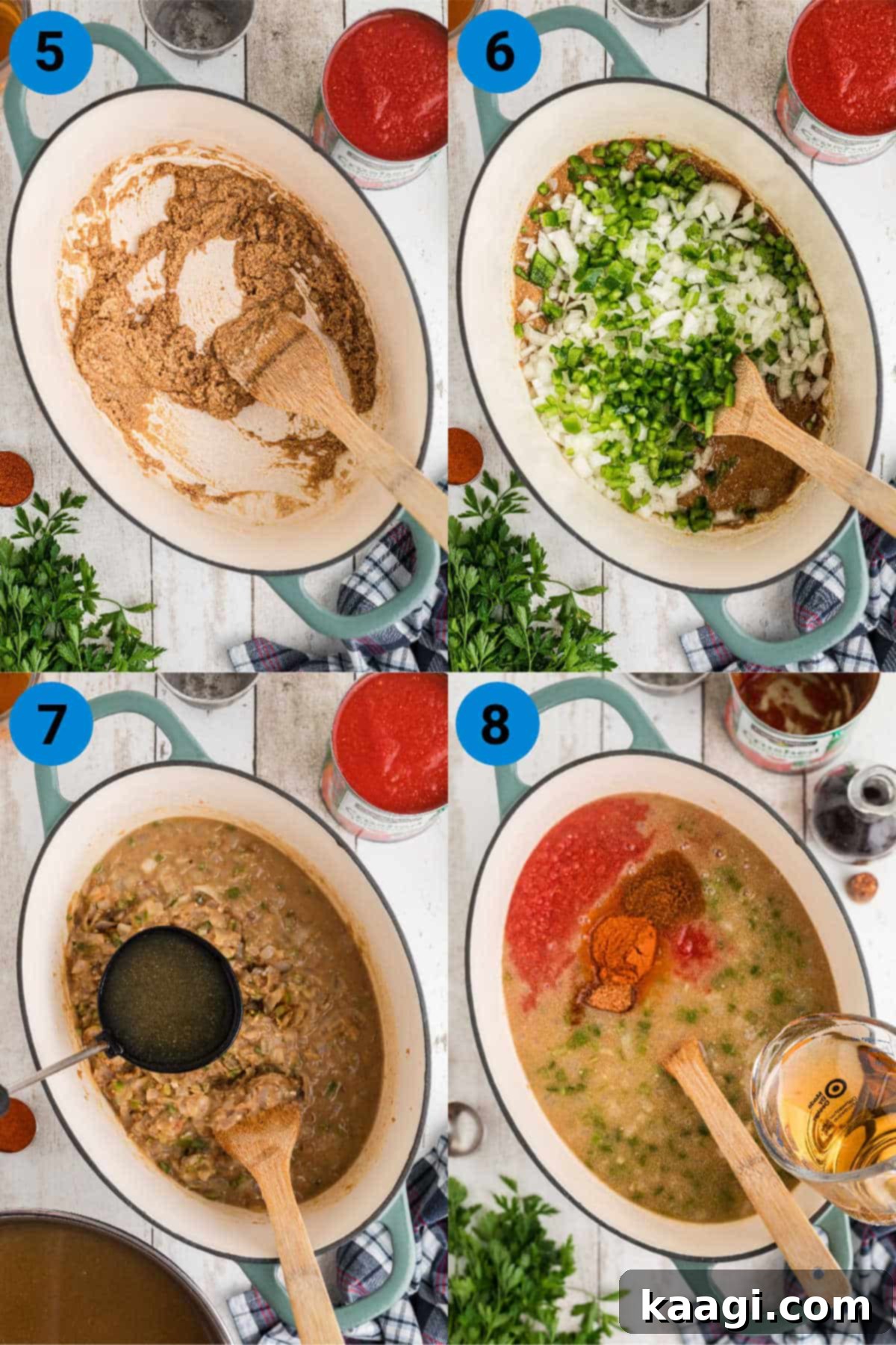 A four-image collage showcasing steps 5 through 8 of making turtle soup: browning the roux, sautéing vegetables, adding broth to create gravy, and simmering with tomatoes and seasonings.