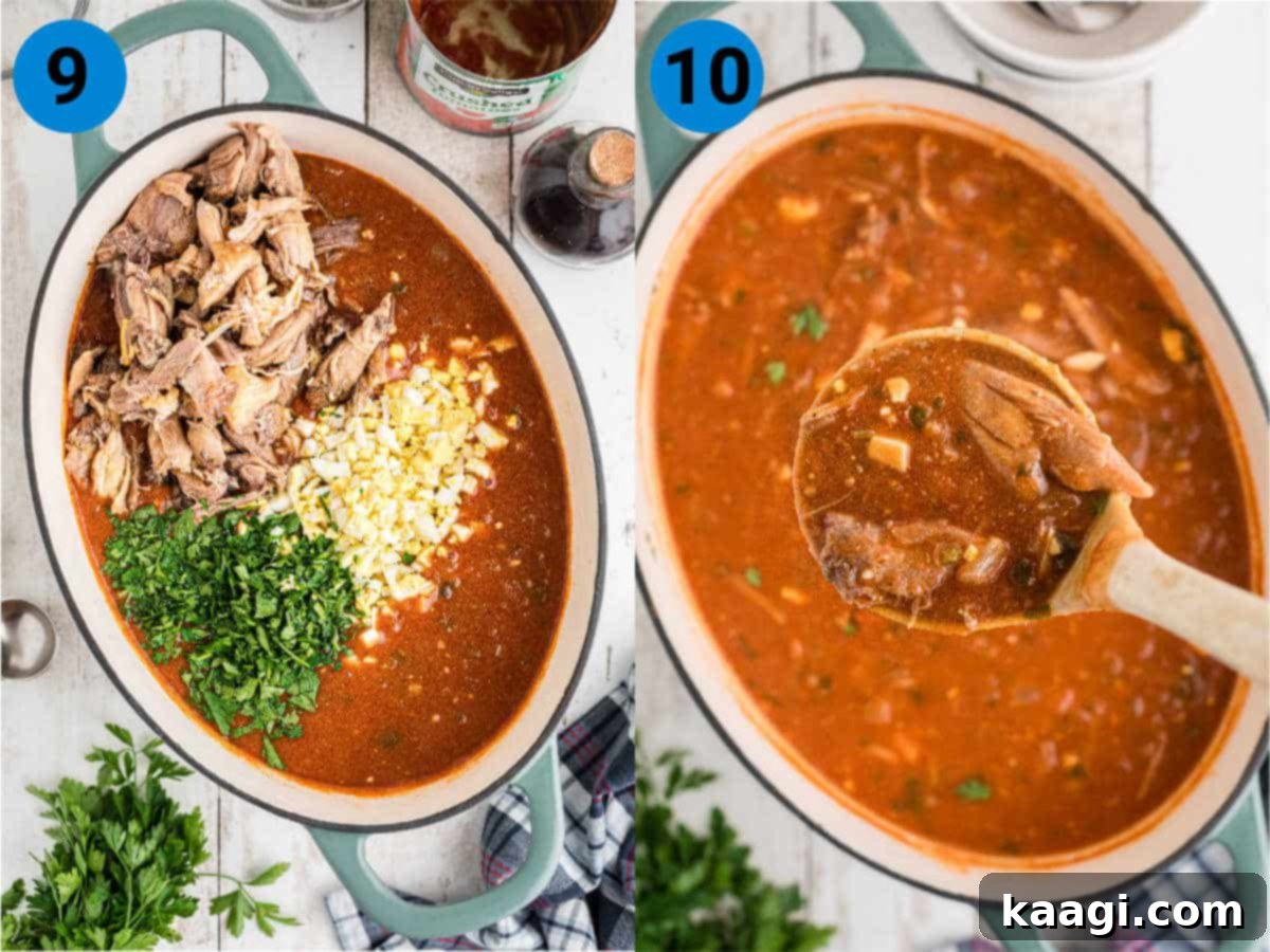 A two-image collage showing the final steps of preparing turtle soup: adding the cooked turtle meat with other finishing ingredients and the beautifully plated finished soup garnished with parsley.