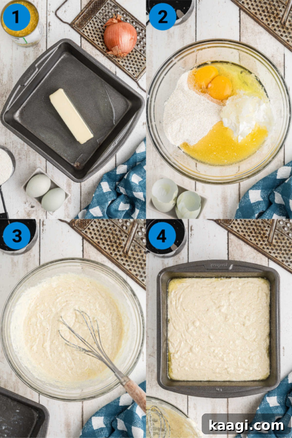 Collage of four images showing the step-by-step process to make sour cream cornbread: melting butter, mixing ingredients, pouring batter, and baked cornbread in the pan.