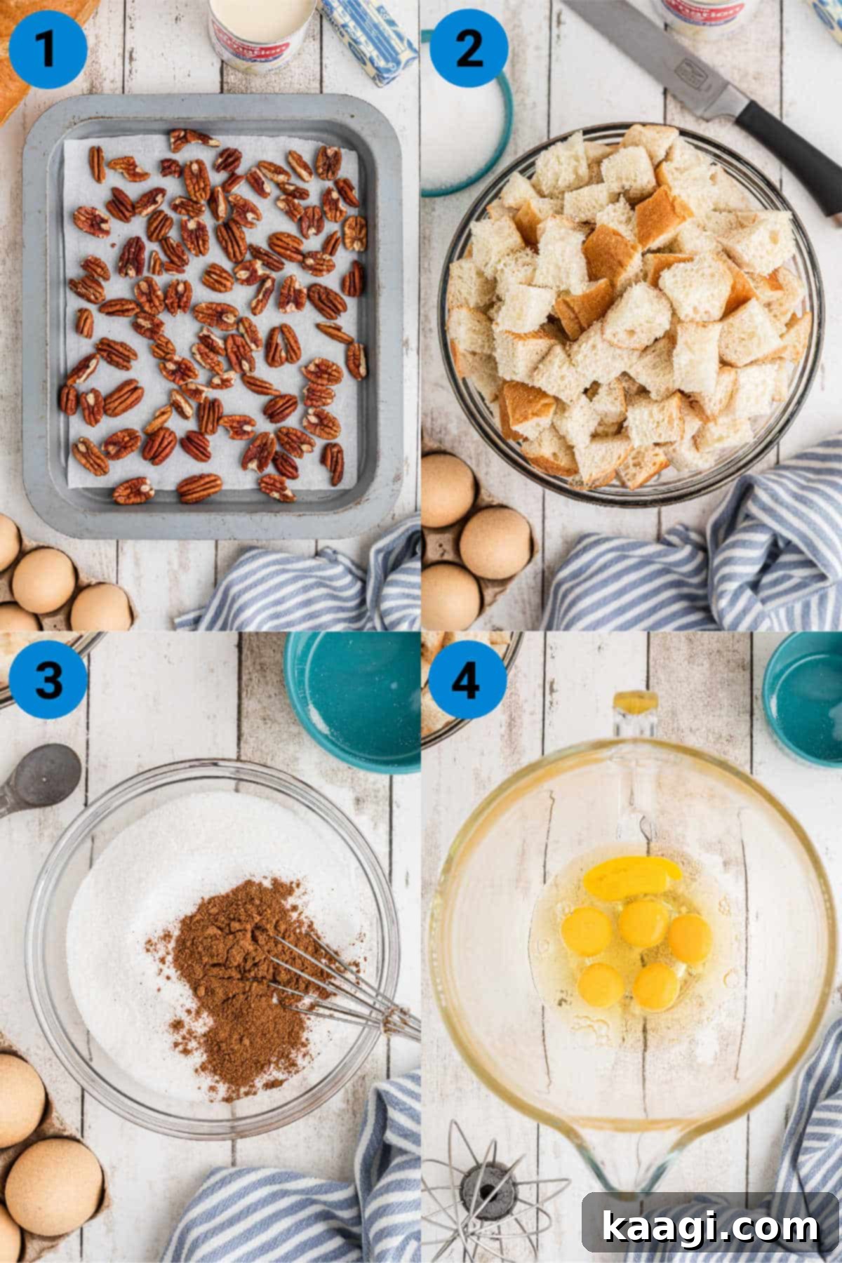 A collage of four images showing how to make bread pudding, including toasted pecans, cubed bread, spice mixture, and beaten eggs.