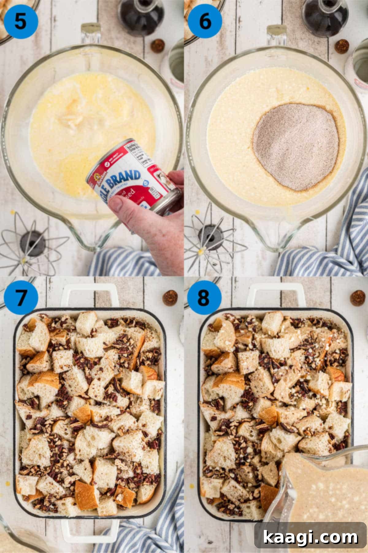 A collage of four images showing how to make bread pudding, including mixing wet ingredients, adding spiced sugar, layering bread, and pouring custard.