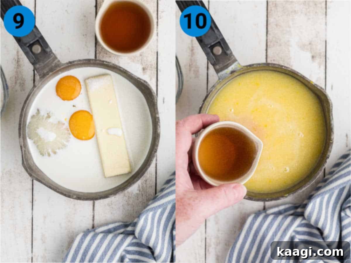 A collage of two images showing how to make rum sauce, including combining ingredients in a saucepan and adding rum.