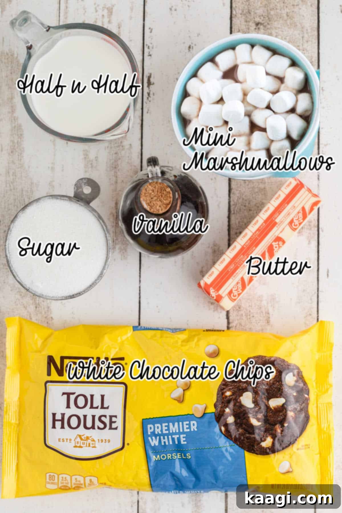Ingredients needed to make vanilla fudge, neatly arranged on a counter.