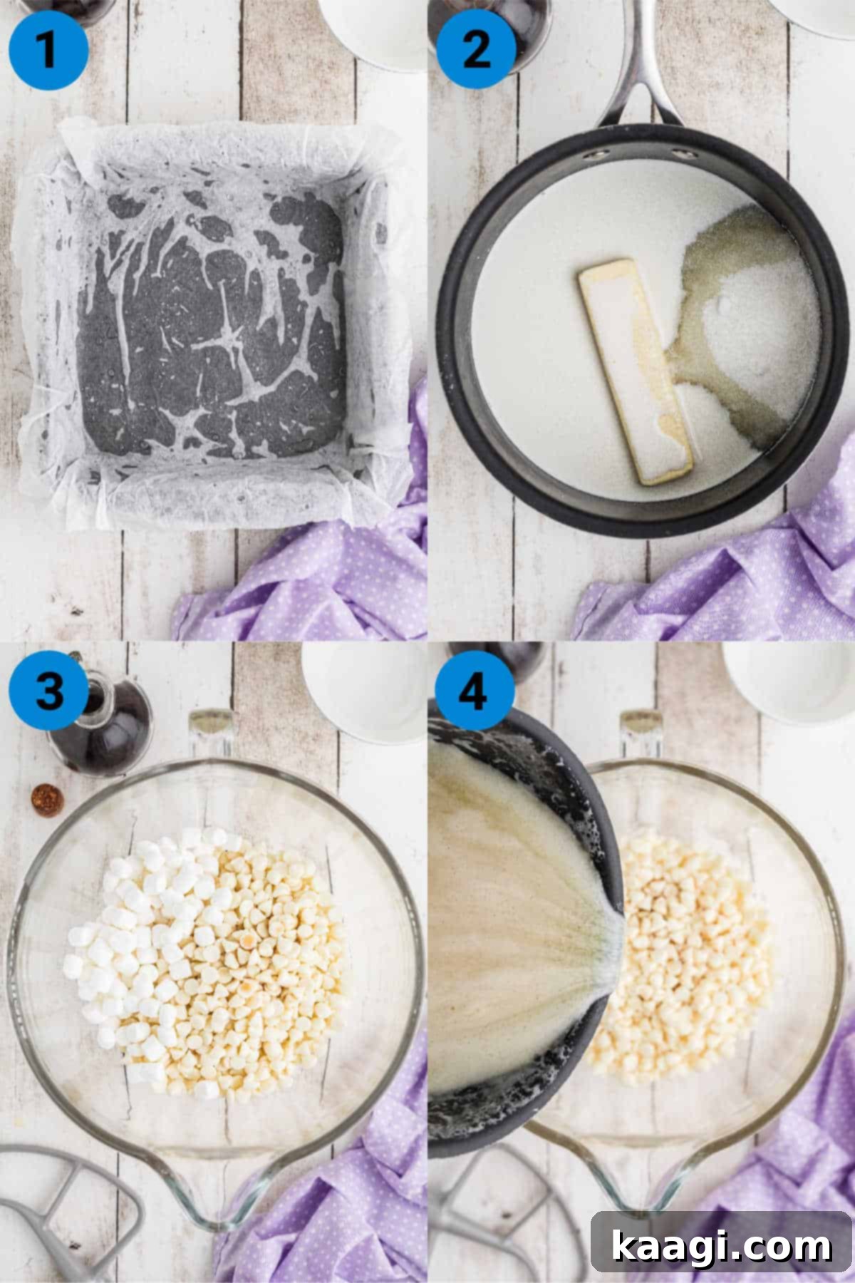 A collage of four images demonstrating the process of making vanilla fudge, from mixing ingredients to pouring the finished mixture.