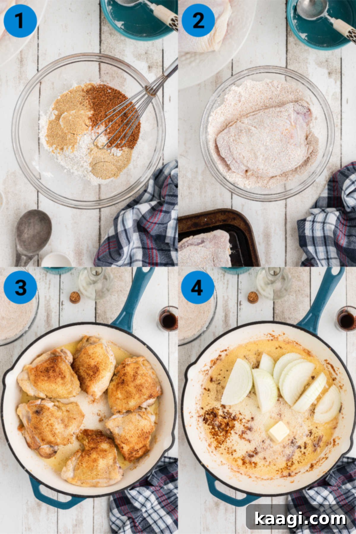 A collage of four images showing the initial steps of making smothered chicken, including mixing flour and spices, coating chicken, browning chicken in a skillet, and sautéing onions and butter.