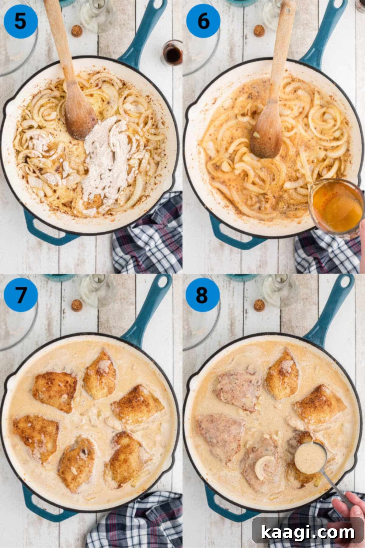 A collage of four images illustrating steps 5-8 of making smothered chicken, including adding remaining seasoned flour, pouring chicken broth and cream, returning chicken to skillet, and covering to cook.