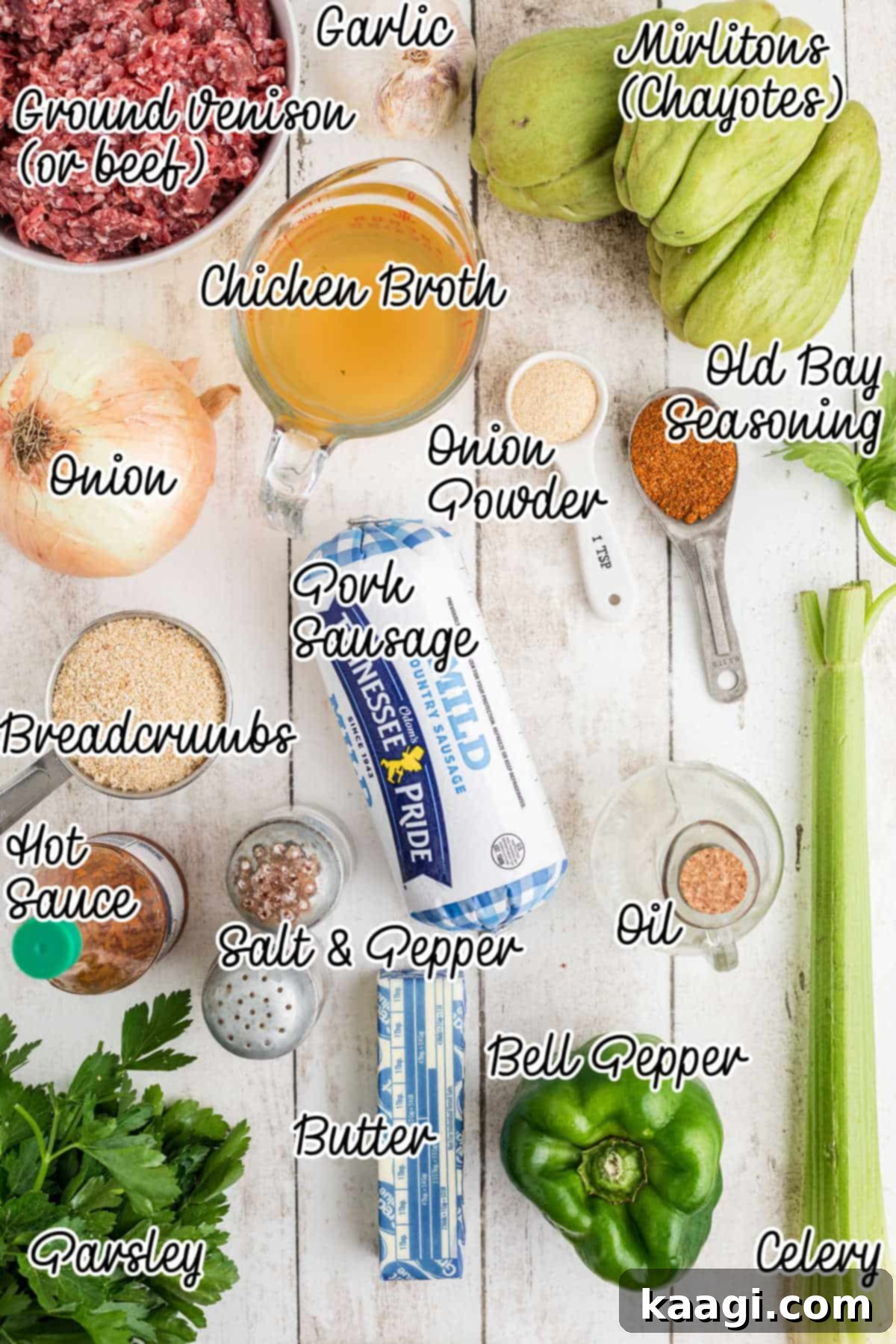 Ingredients needed to make mirliton dressing with text overlay, arranged on a countertop.