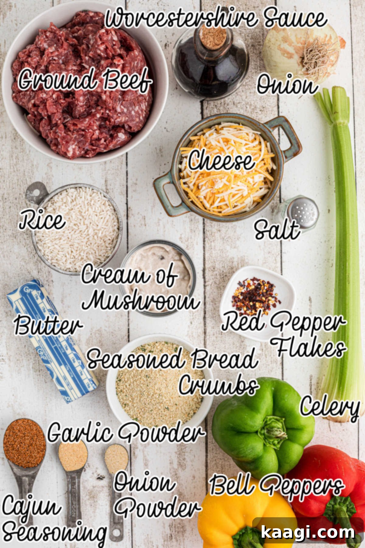 Bell Pepper Boats 3 A vibrant assortment of fresh ingredients laid out, including bell peppers, ground meat, onions, celery, and various seasonings, ready for making stuffed bell peppers.