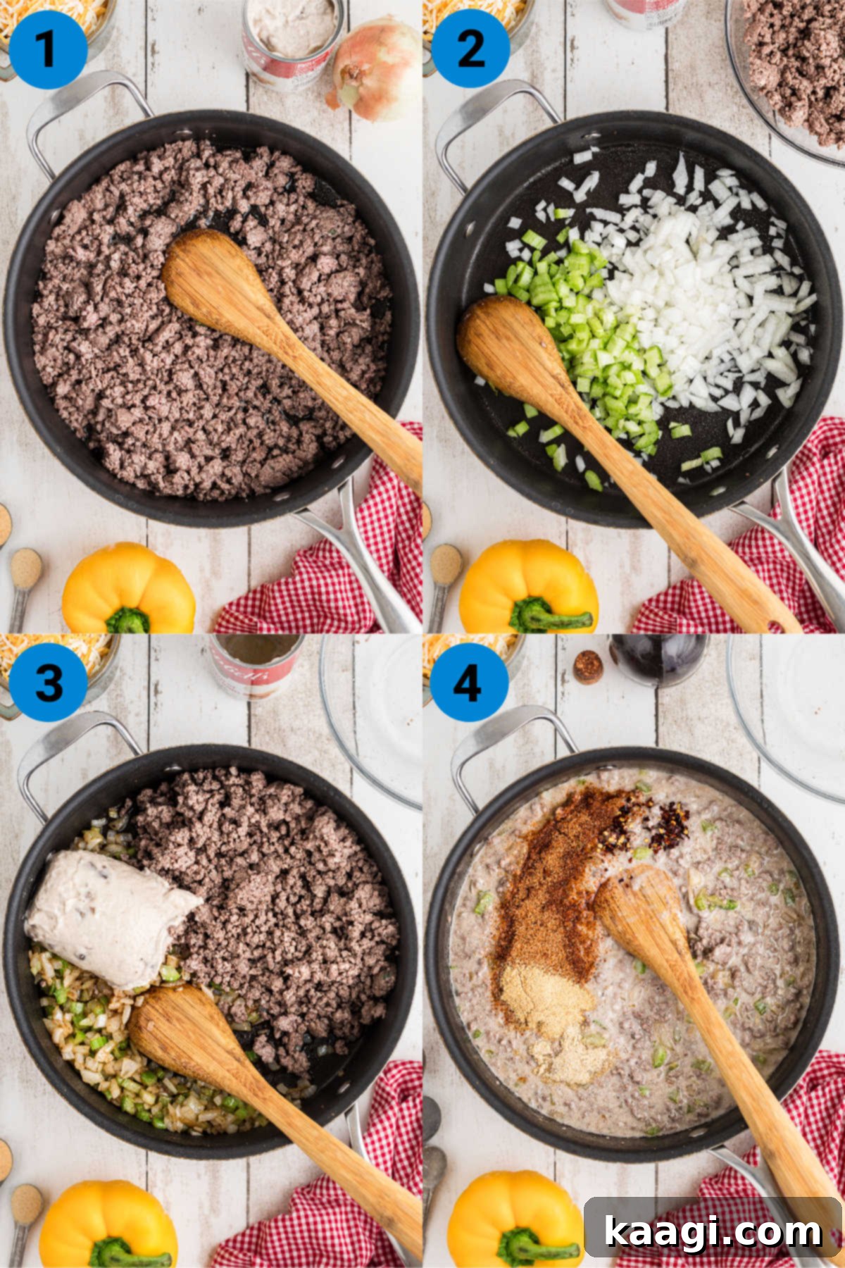 Bell Pepper Boats 4 A four-panel collage illustrating the initial steps of preparing stuffed bell peppers: cooking ground meat, sautéing aromatics, combining with soup, and simmering the filling.