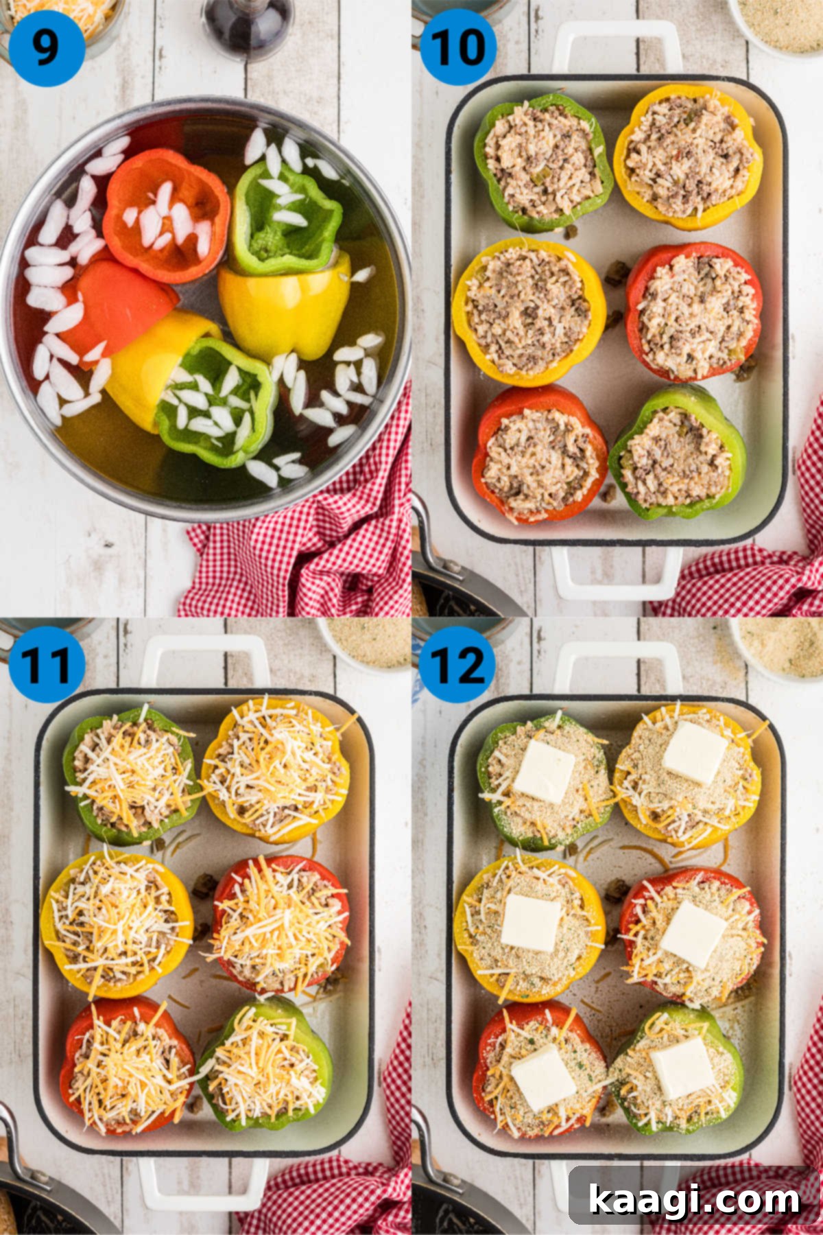 Bell Pepper Boats 6 A four-panel collage showing the final stages of making stuffed bell peppers: draining peppers, stuffing them into a casserole dish, topping with cheese, and adding breadcrumbs and butter before baking.