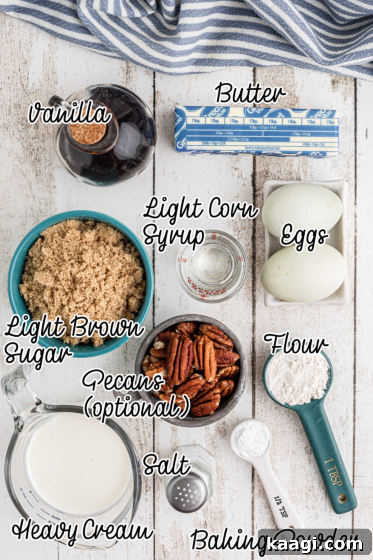 Caramel-Swirled Blondie Squares 3 An overhead shot showcasing all the fresh, high-quality ingredients neatly laid out for making caramel swirl blondies, including butter, light brown sugar, all-purpose flour, eggs, heavy whipping cream, and vanilla extract.
