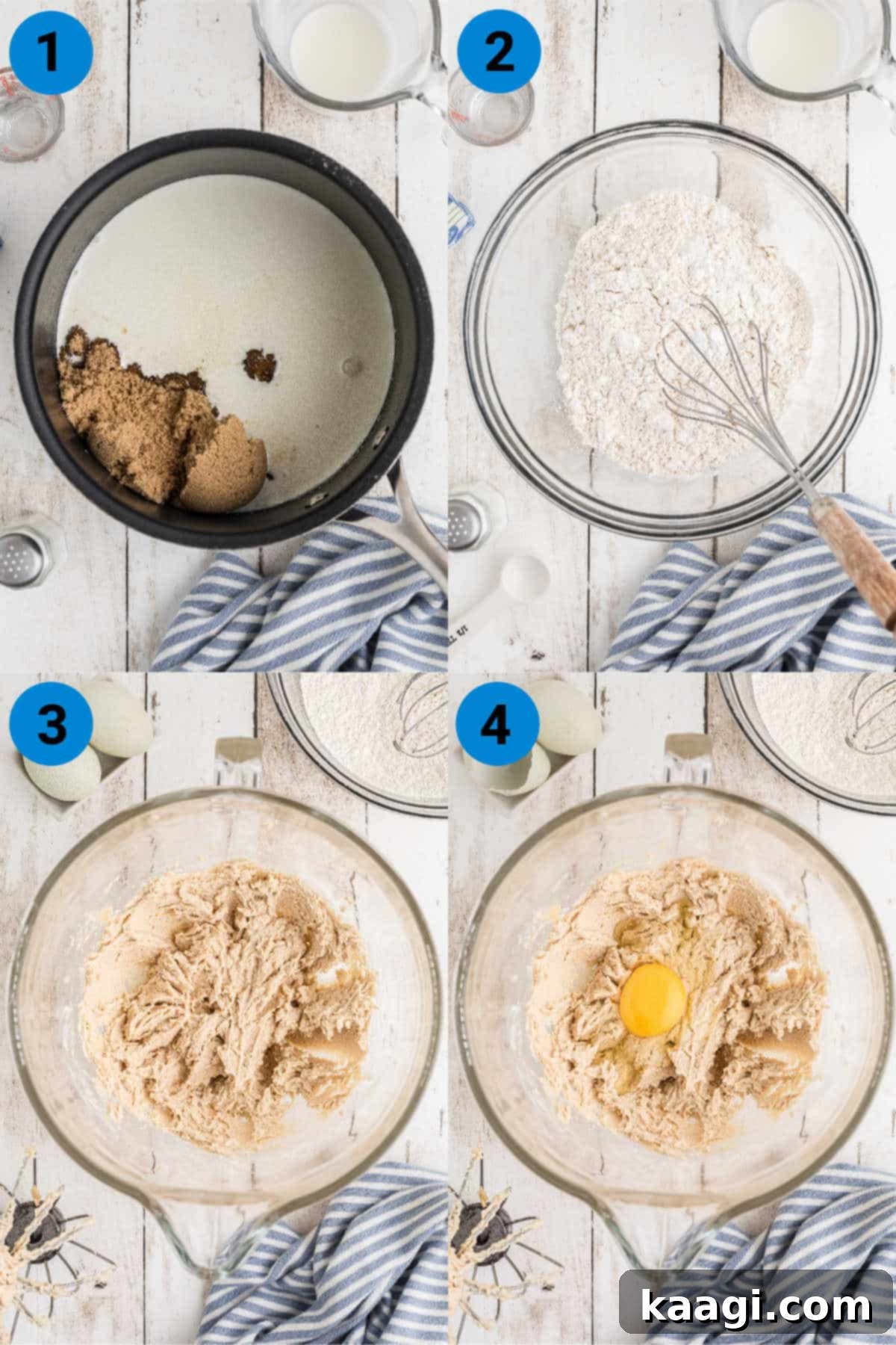 Caramel-Swirled Blondie Squares 4 A four-image collage demonstrating the initial steps (1-4) for preparing caramel swirl blondies. Images show caramel ingredients in a saucepan, dry blondie ingredients mixed, butter and brown sugar creaming in a stand mixer, and eggs, vanilla, and corn syrup being added.