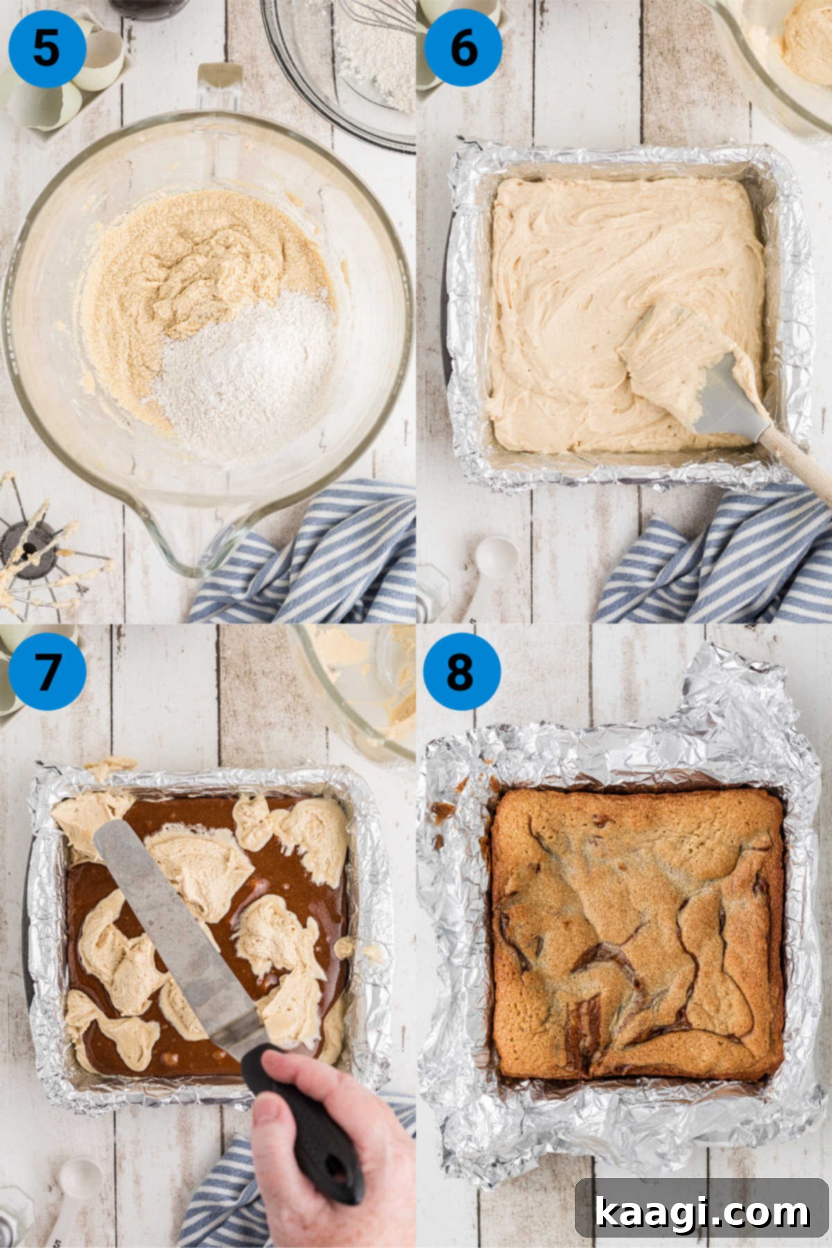 Caramel-Swirled Blondie Squares 5 A second four-image collage illustrating the final steps (5-8) in making caramel swirl blondies. Images show flour mixture being added to the wet ingredients, two-thirds of the batter poured into a baking pan, warm caramel poured over the batter, and a knife creating swirl patterns before baking.