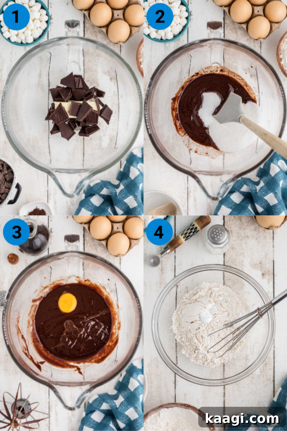 A four-image collage demonstrating the initial steps of making rocky road brownies: melting butter and chocolate, stirring in sugar, whisking in eggs and vanilla, and mixing dry ingredients.