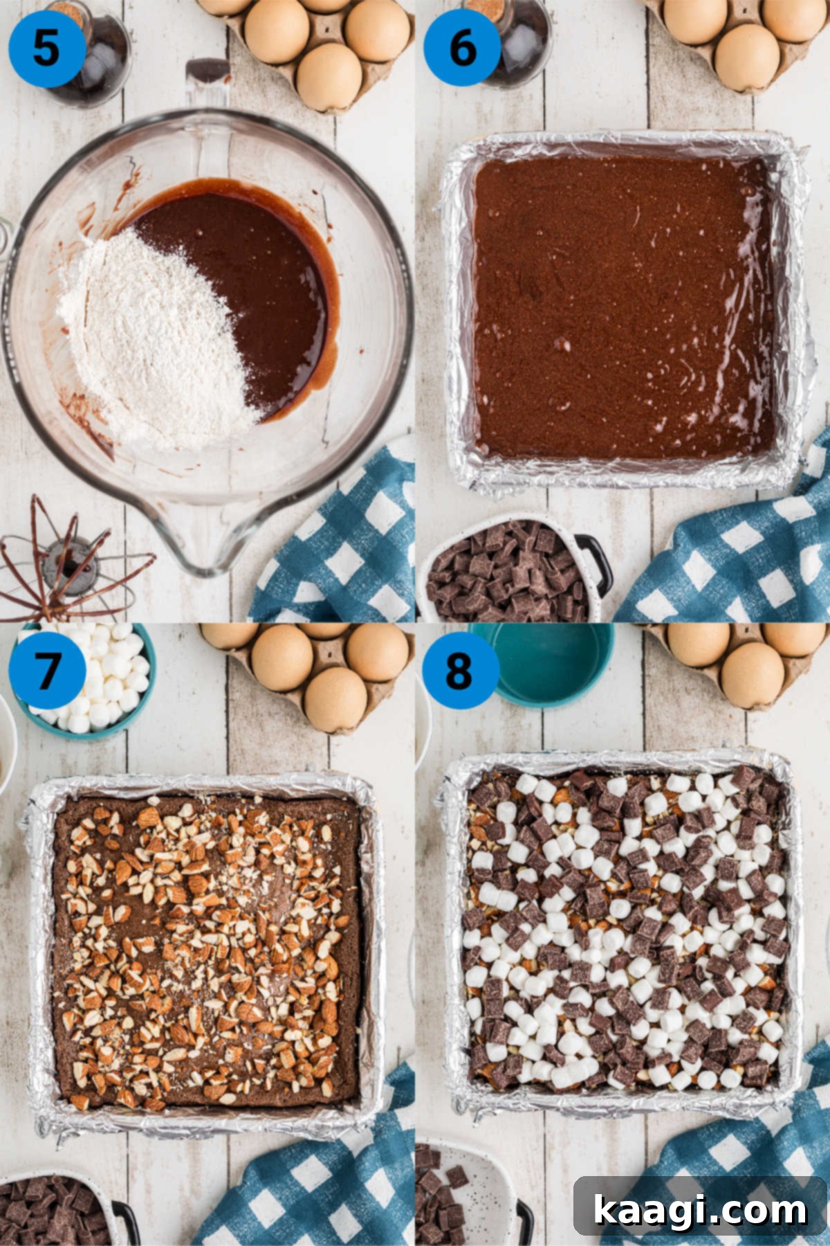 A four-image collage illustrating the final steps for rocky road brownies: combining wet and dry ingredients, pouring batter into a lined pan, baking, and adding almonds, marshmallows, and chocolate chunks before a second bake.