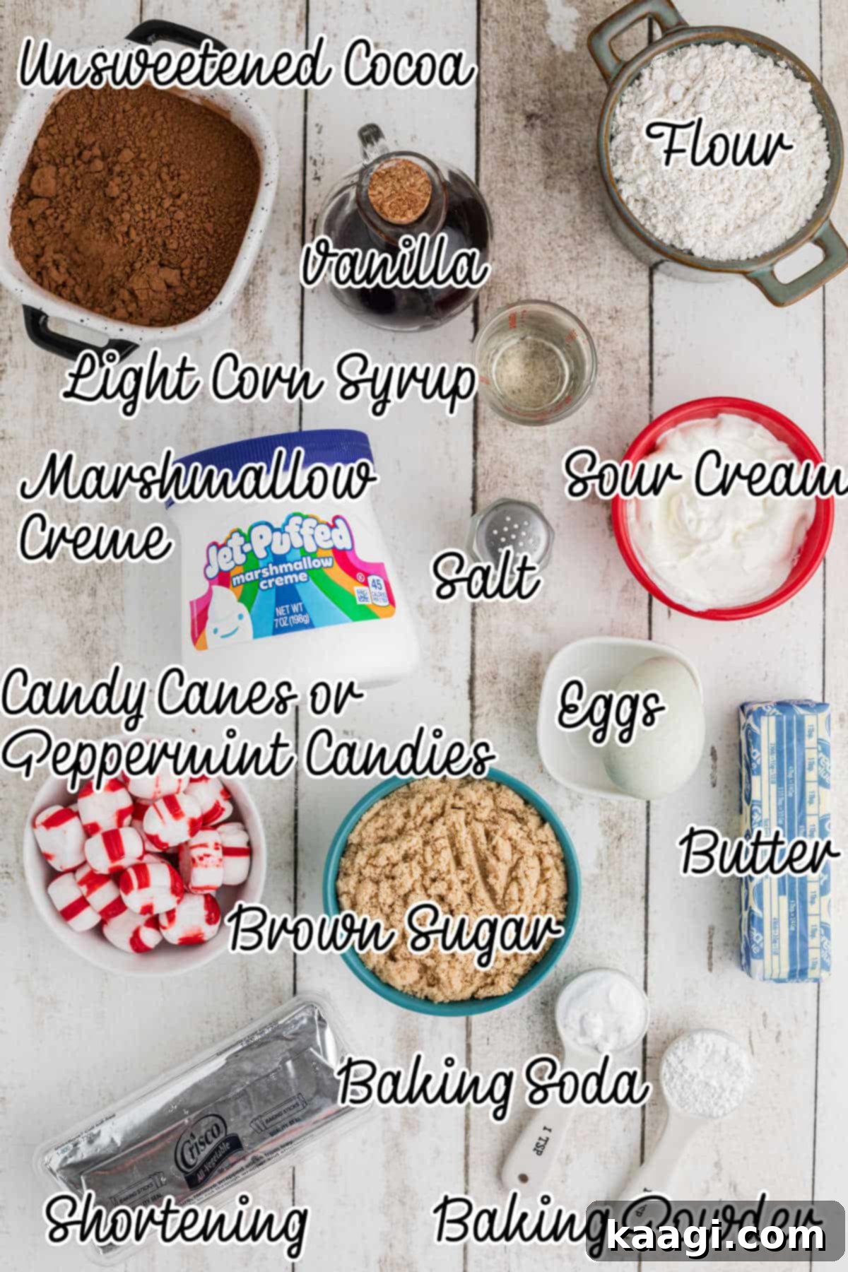 Ingredients needed to make Christmas Whoopie Pies, shot from above, with text overlay.