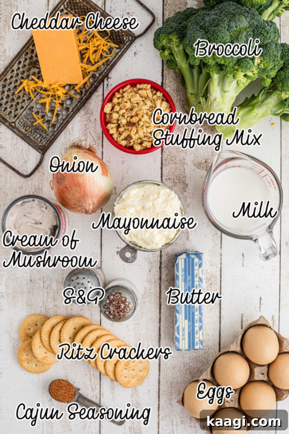 Golden Broccoli Bake 3 A vibrant flat lay of all the essential ingredients needed to make a delicious broccoli casserole, including fresh broccoli, cheese, mayonnaise, cream of mushroom soup, and seasonings.