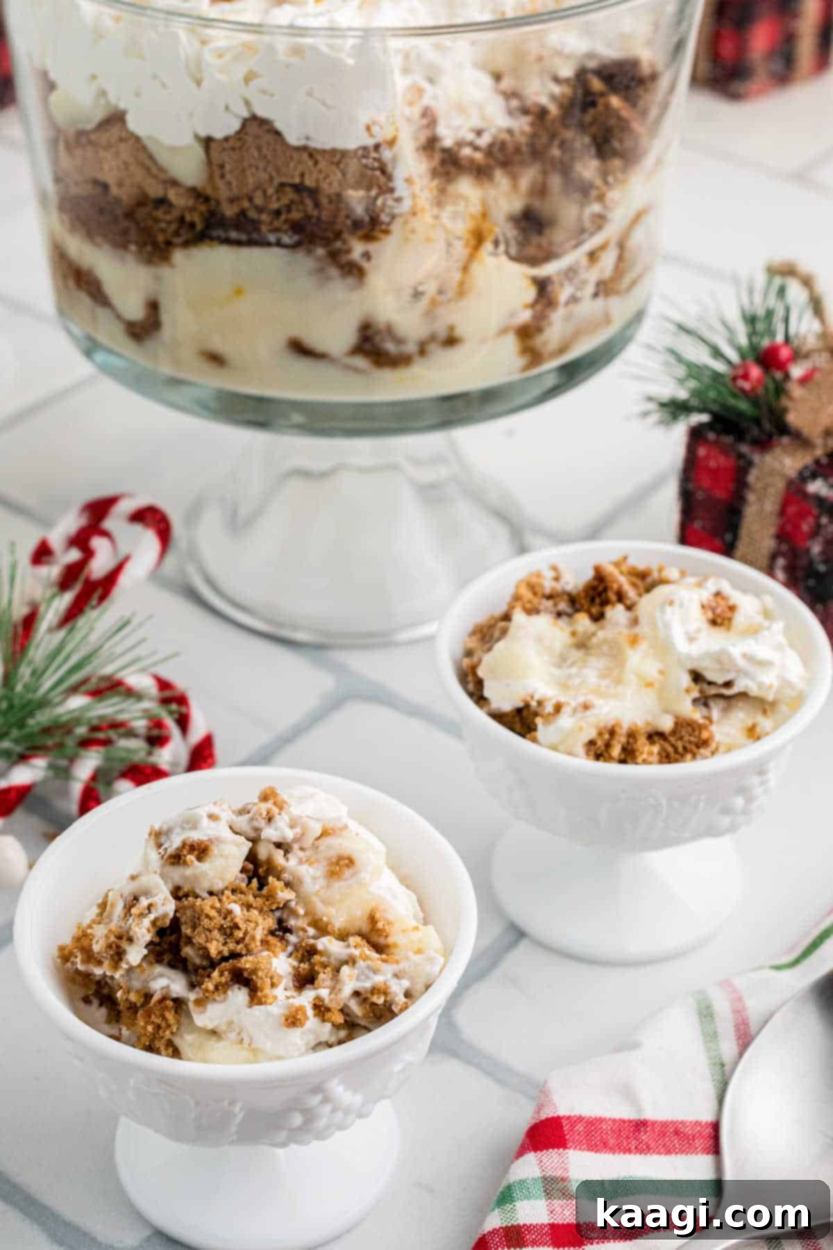 Dished out gingerbread trifle, showing a single serving with all its layers.