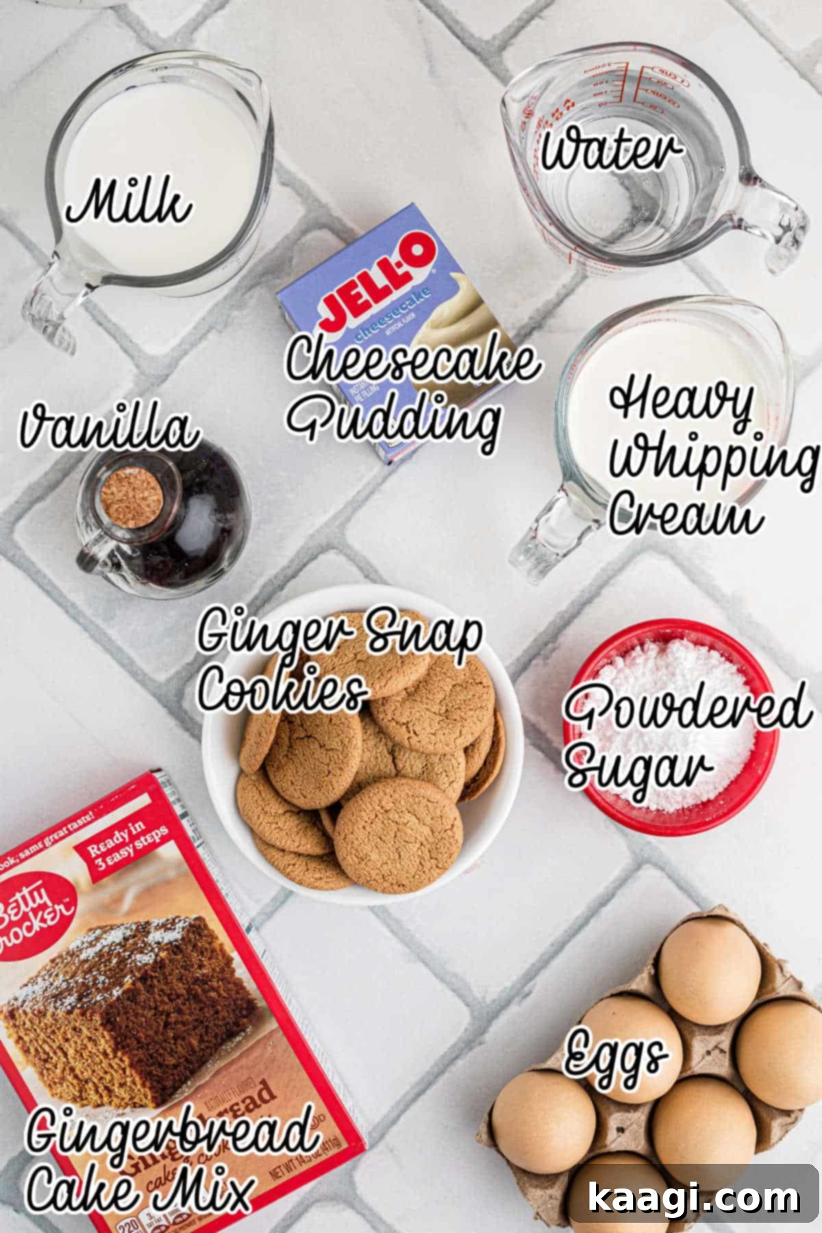 Ingredients needed for a gingerbread trifle, laid out on a surface.
