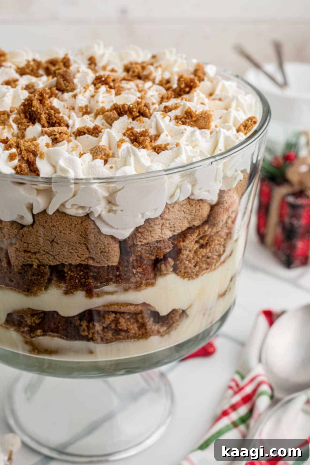 Festive Gingerbread Trifle 10 Close up side shot of a gingerbread trifle, showing the distinct layers and textures.