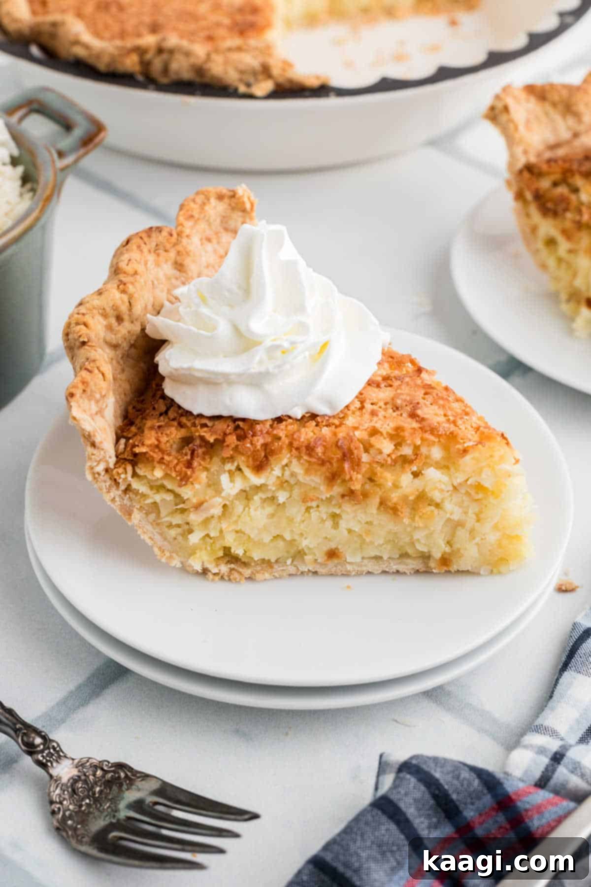 Heirloom Coconut Delight 2 A beautifully presented slice of old fashioned coconut pie, topped with a dollop of whipped cream, invitingly resting on a white plate.