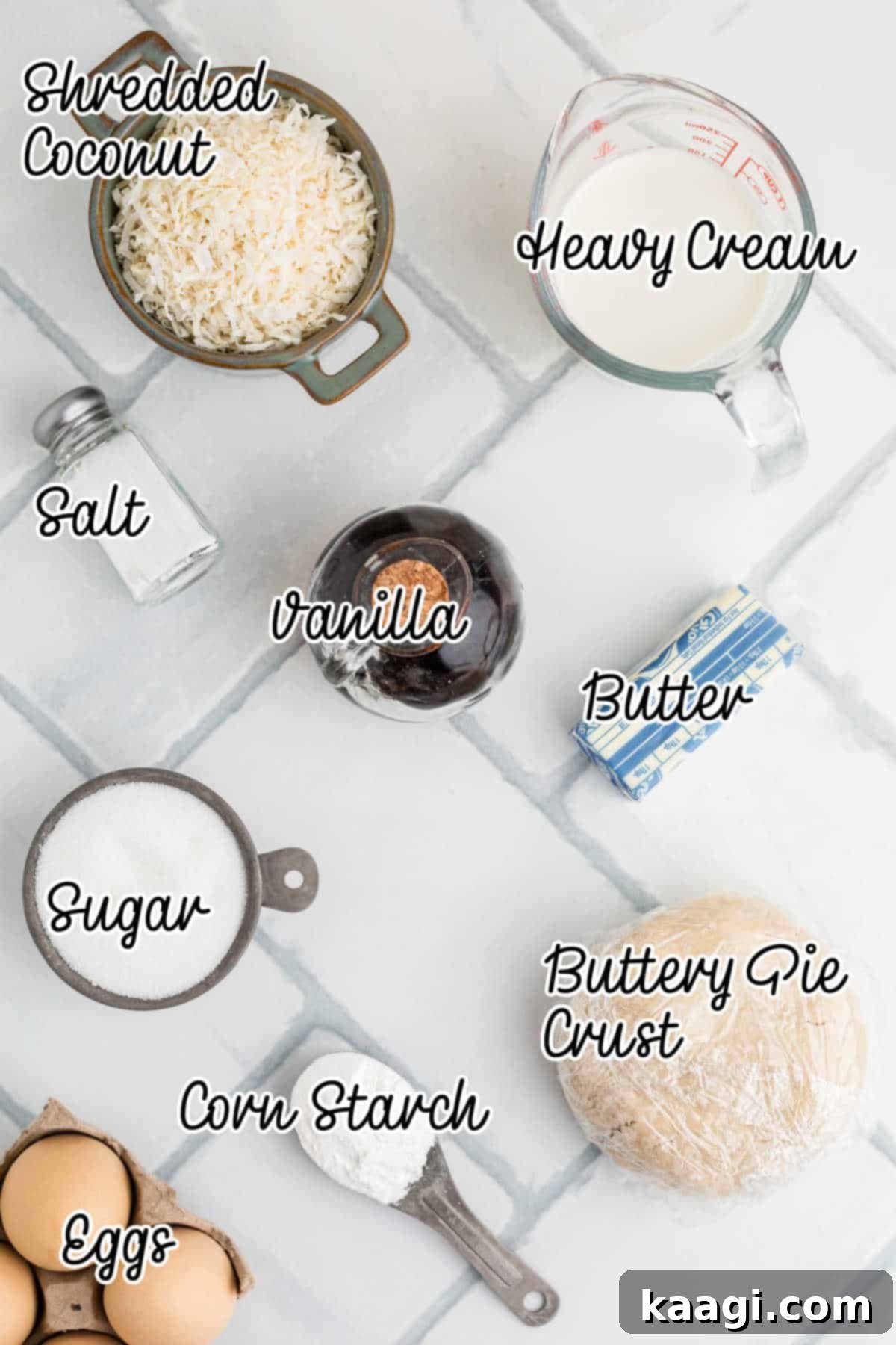 Heirloom Coconut Delight 3 A collection of ingredients laid out, including shredded coconut, eggs, cream, sugar, butter, and vanilla, ready for making coconut pie.