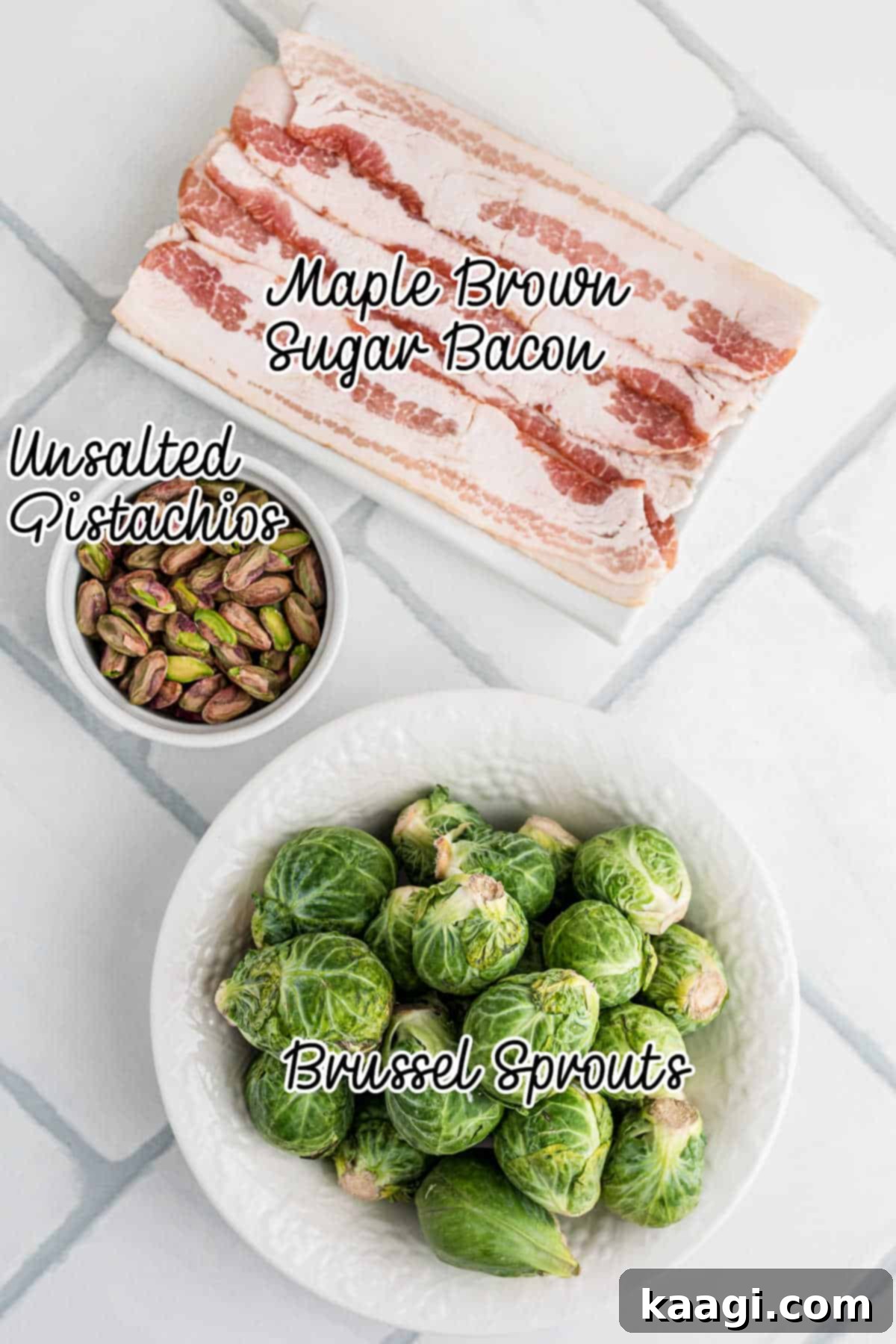 Sweet & Savory Maple Bacon Brussels Sprouts with Crunchy Pistachios 3 Ingredients needed to make maple bacon brussel sprouts with pistachios, including fresh sprouts, maple bacon, and pistachios arranged on a wooden board.
