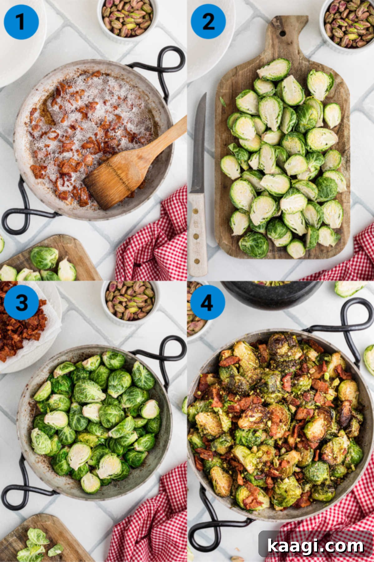 Sweet & Savory Maple Bacon Brussels Sprouts with Crunchy Pistachios 4 A collage of four images showing the step-by-step process of making maple bacon brussel sprouts with pistachios, from chopping to combining.