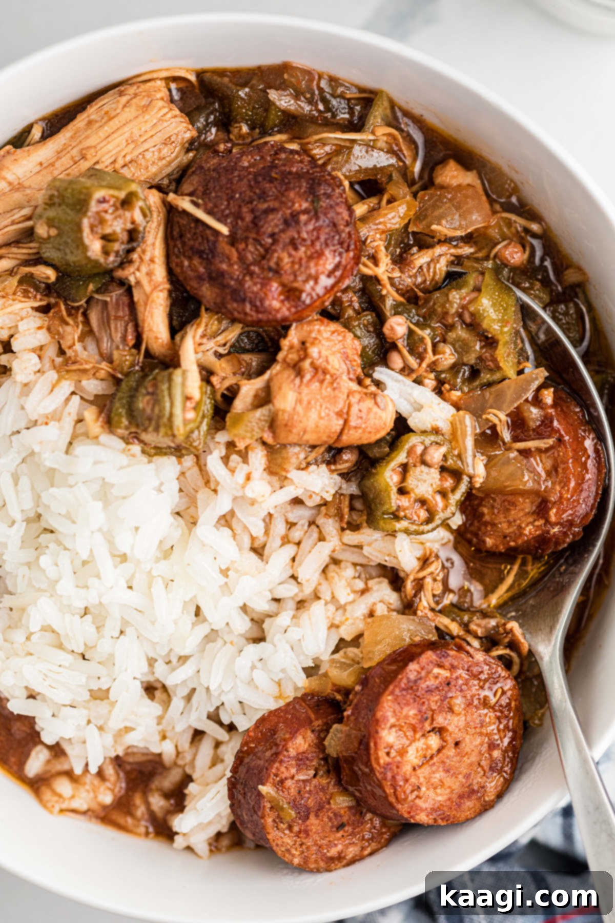 Overhead shot of a bowl of slow cooker gumbo, with some rice, showcasing a hearty and flavorful dish.