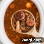 Overhead shot of a ladle coming out of a slow cooker with gumbo.