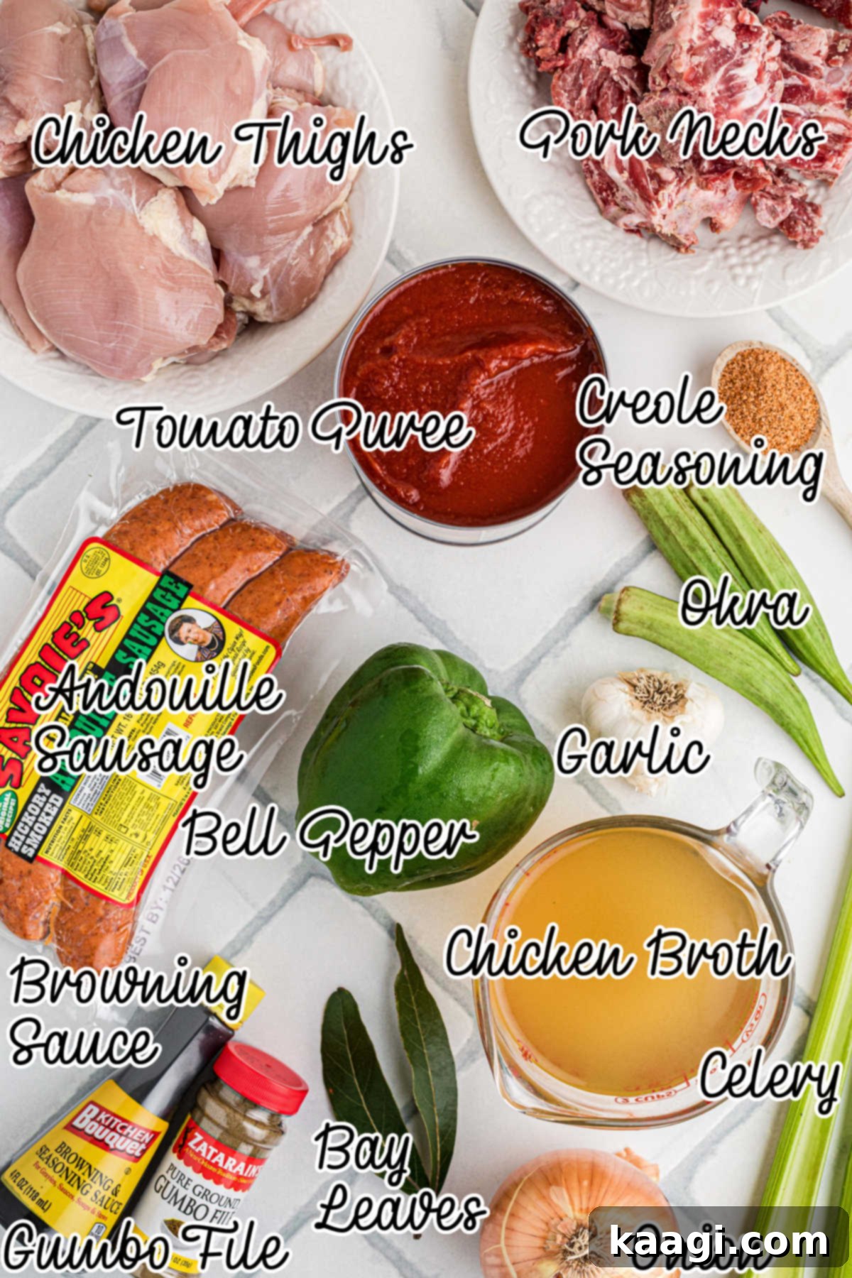 Overhead shot of the fresh and pantry ingredients needed to make a delicious slow cooker gumbo.