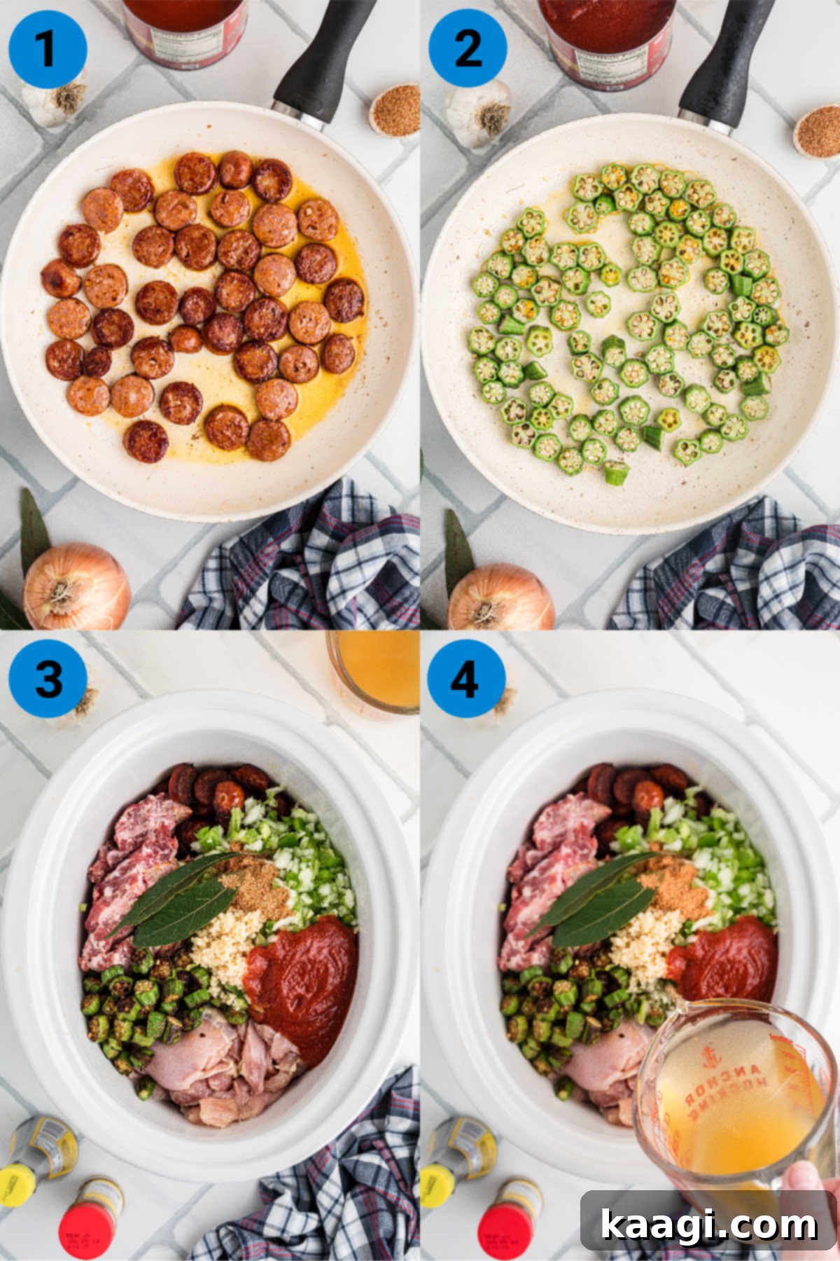 A collage of four images showing the step-by-step process of making a slow cooker gumbo, from sautéing to simmering.