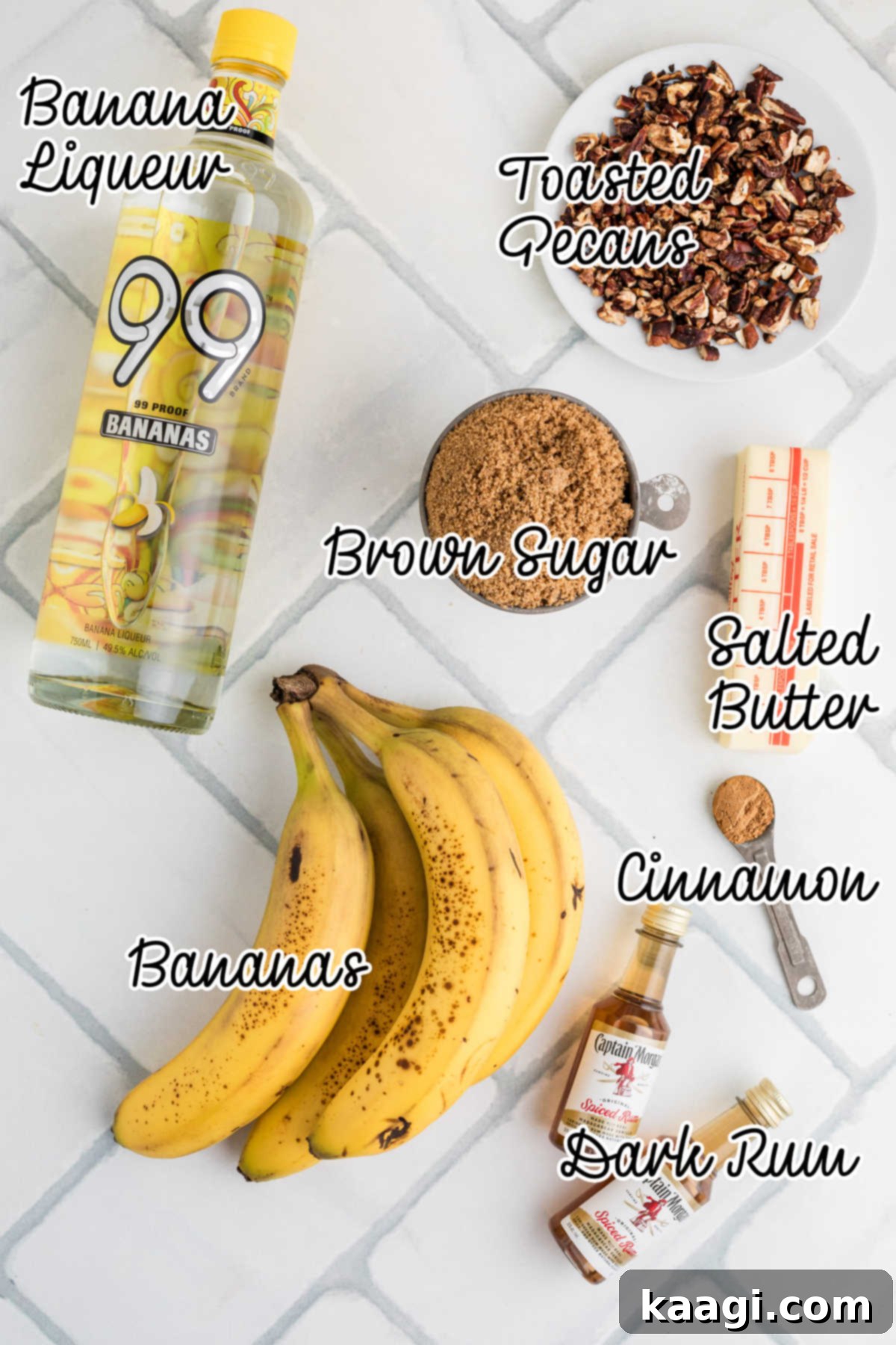 Overhead shot of ingredients needed to make bananas foster.
