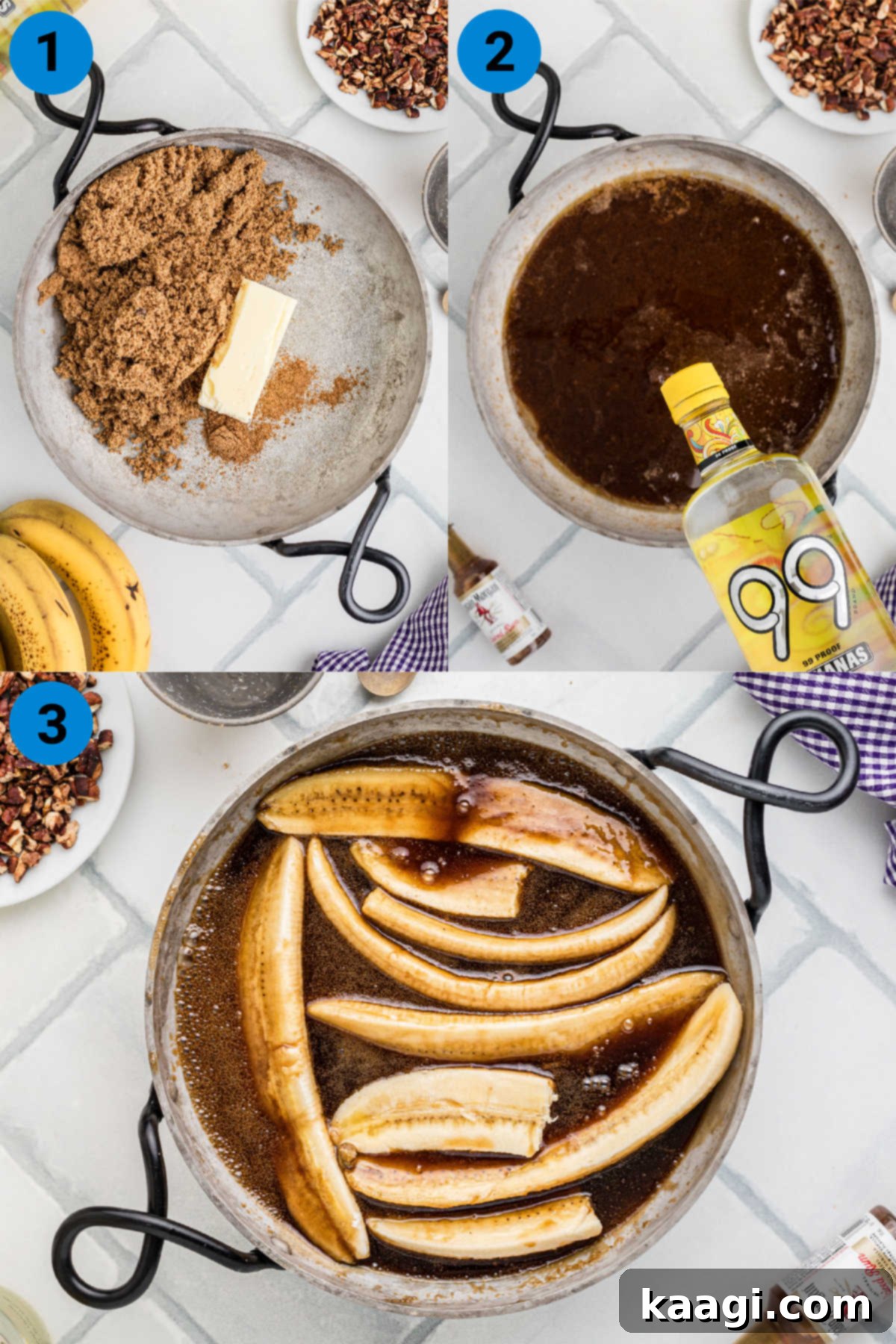 A collage of three images showing how to make bananas foster.