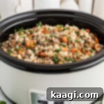 Carrots and ground meat in a crock pot, cropped square for the recipe card.