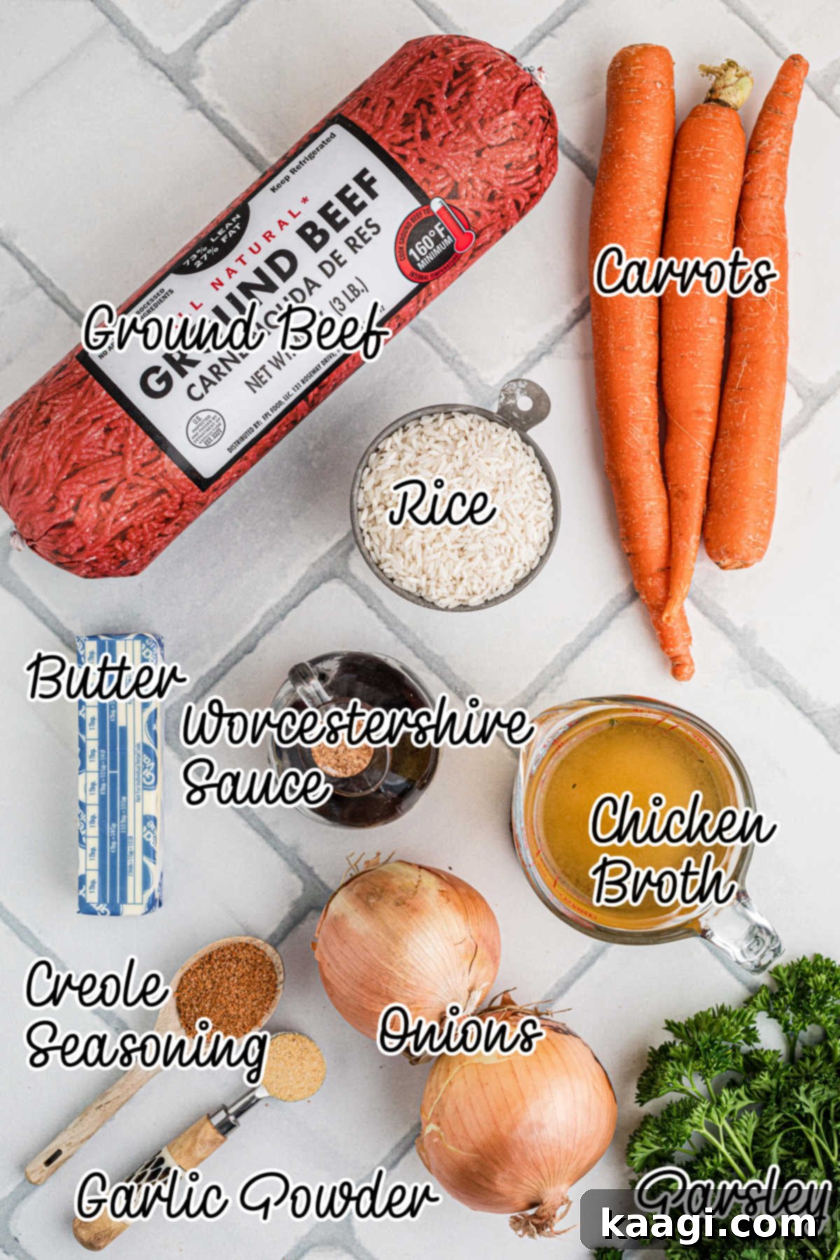 Ingredients needed to make carrots and ground meat in the slow cooker, laid out on a wooden surface.